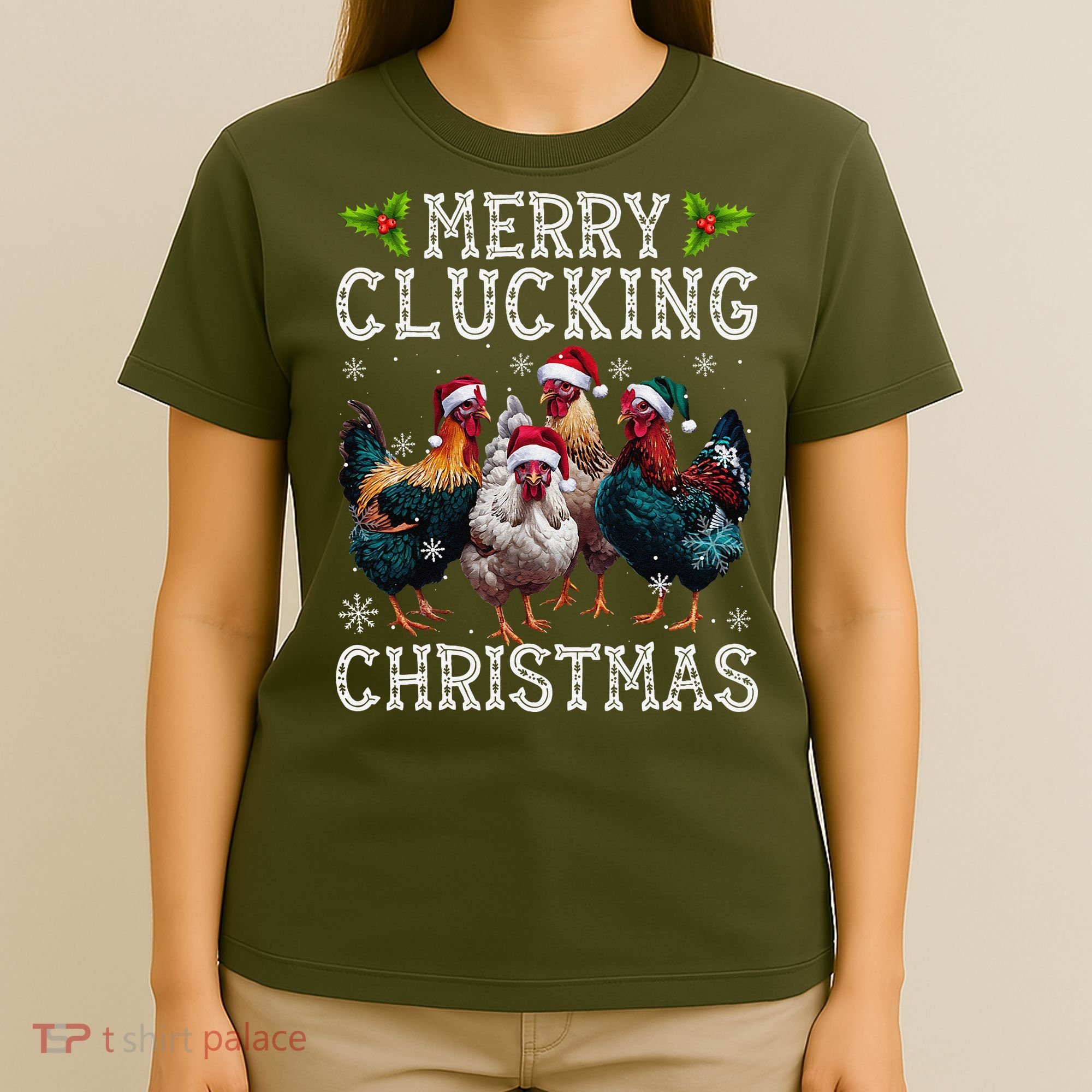 Merry Clucking Christmas Funny Chicken Lights Santa Hat Xmas T-Shirt