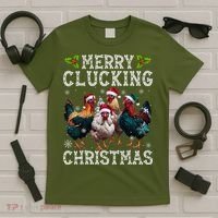 Merry Clucking Christmas Funny Chicken Lights Santa Hat Xmas T-Shirt thumb 5