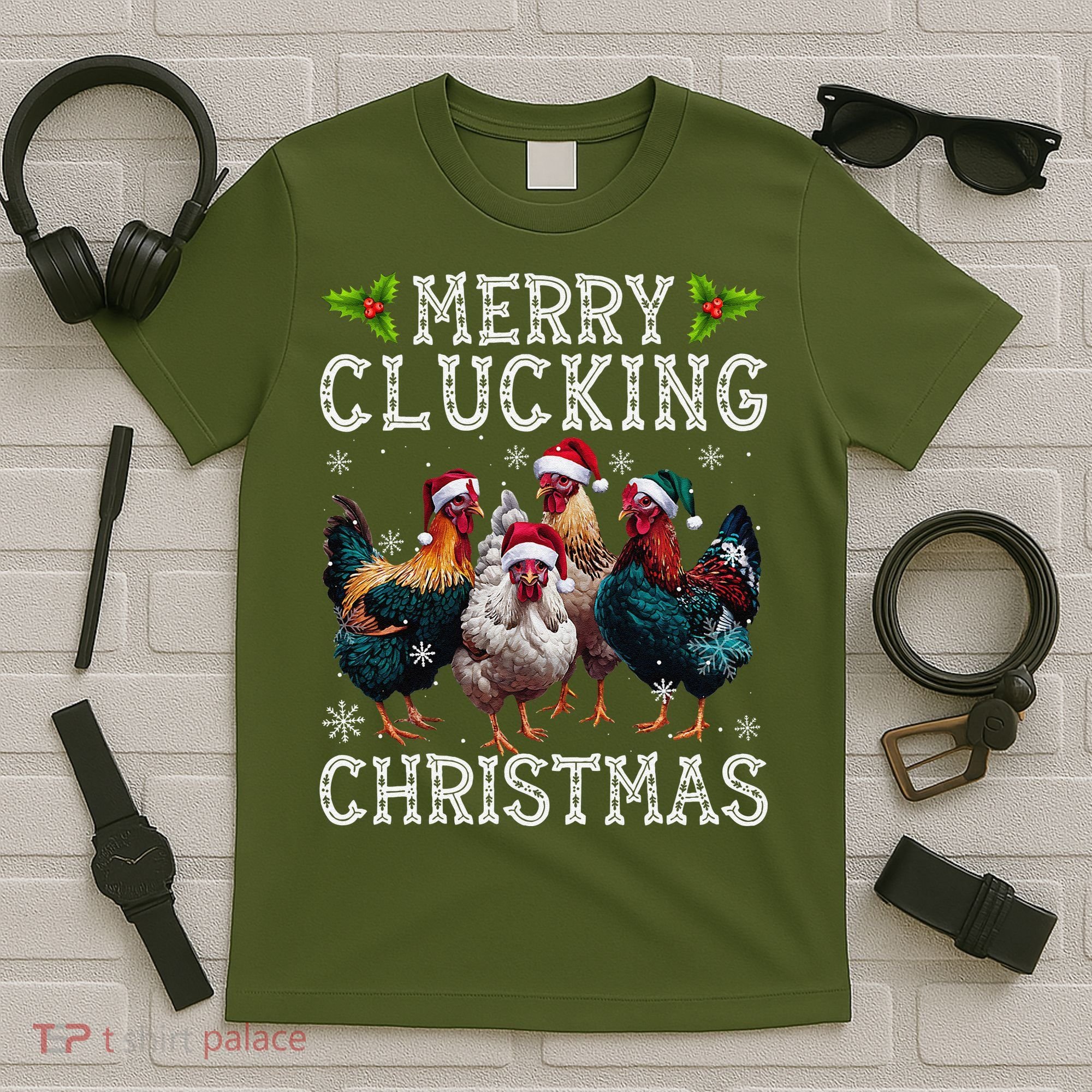 Merry Clucking Christmas Funny Chicken Lights Santa Hat Xmas T-Shirt
