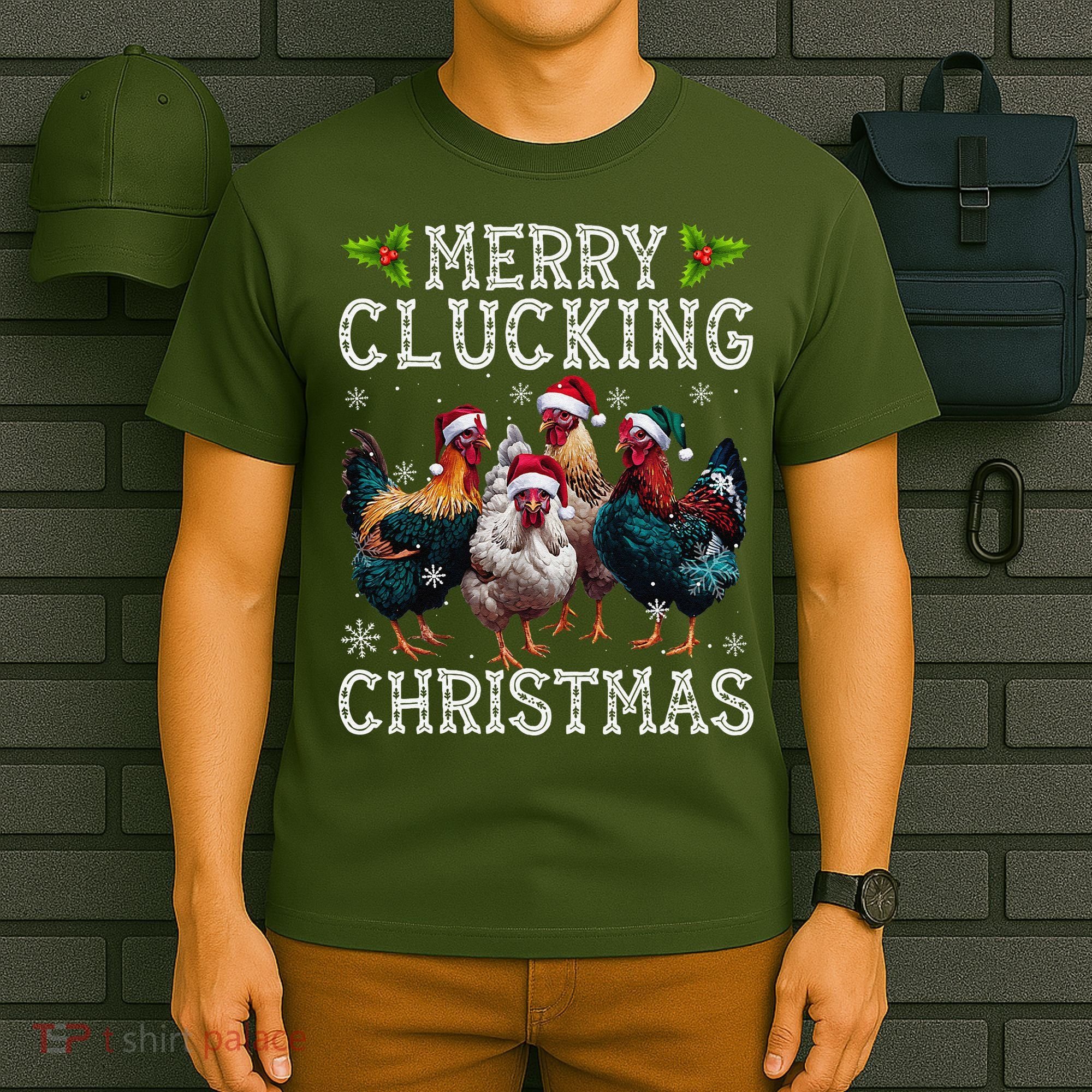 Merry Clucking Christmas Funny Chicken Lights Santa Hat Xmas T-Shirt