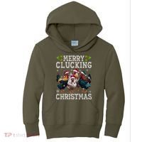 Merry Clucking Christmas Funny Chicken Lights Santa Hat Xmas Kids Hoodie thumb 0