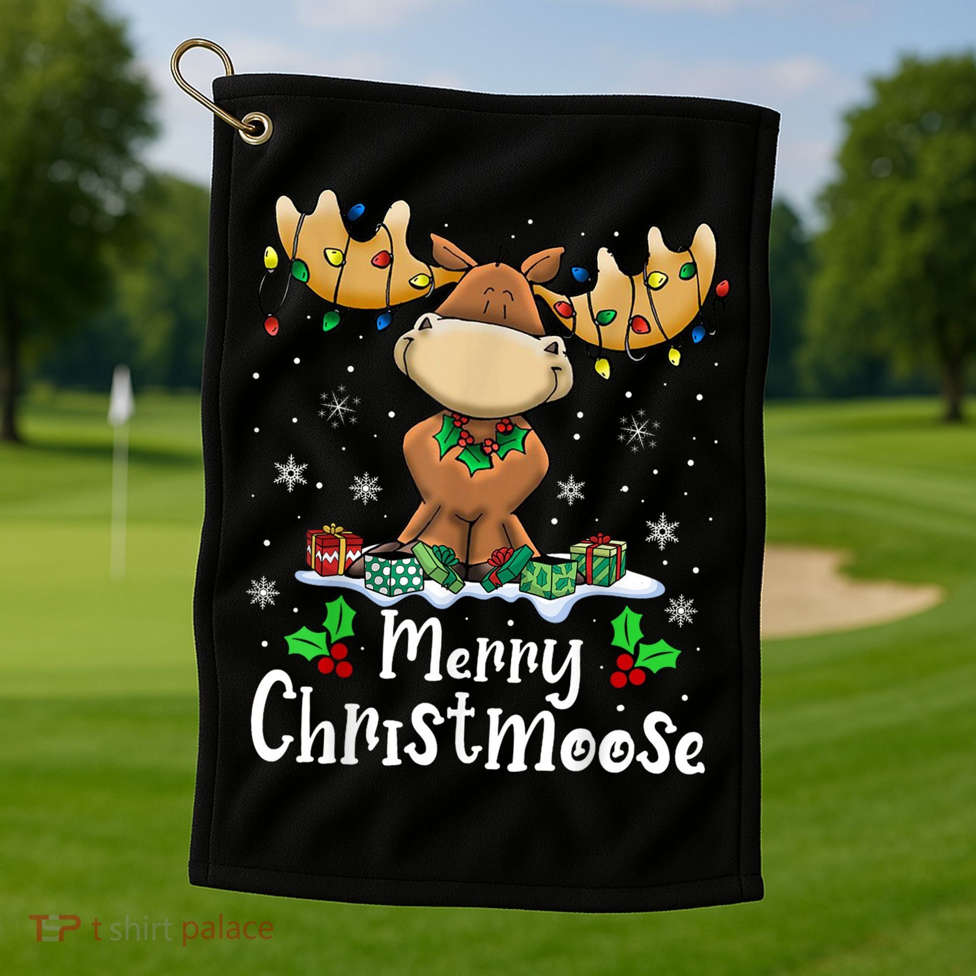 Merry Christmoose Christmas Moose Xmas Lights Golf Towel