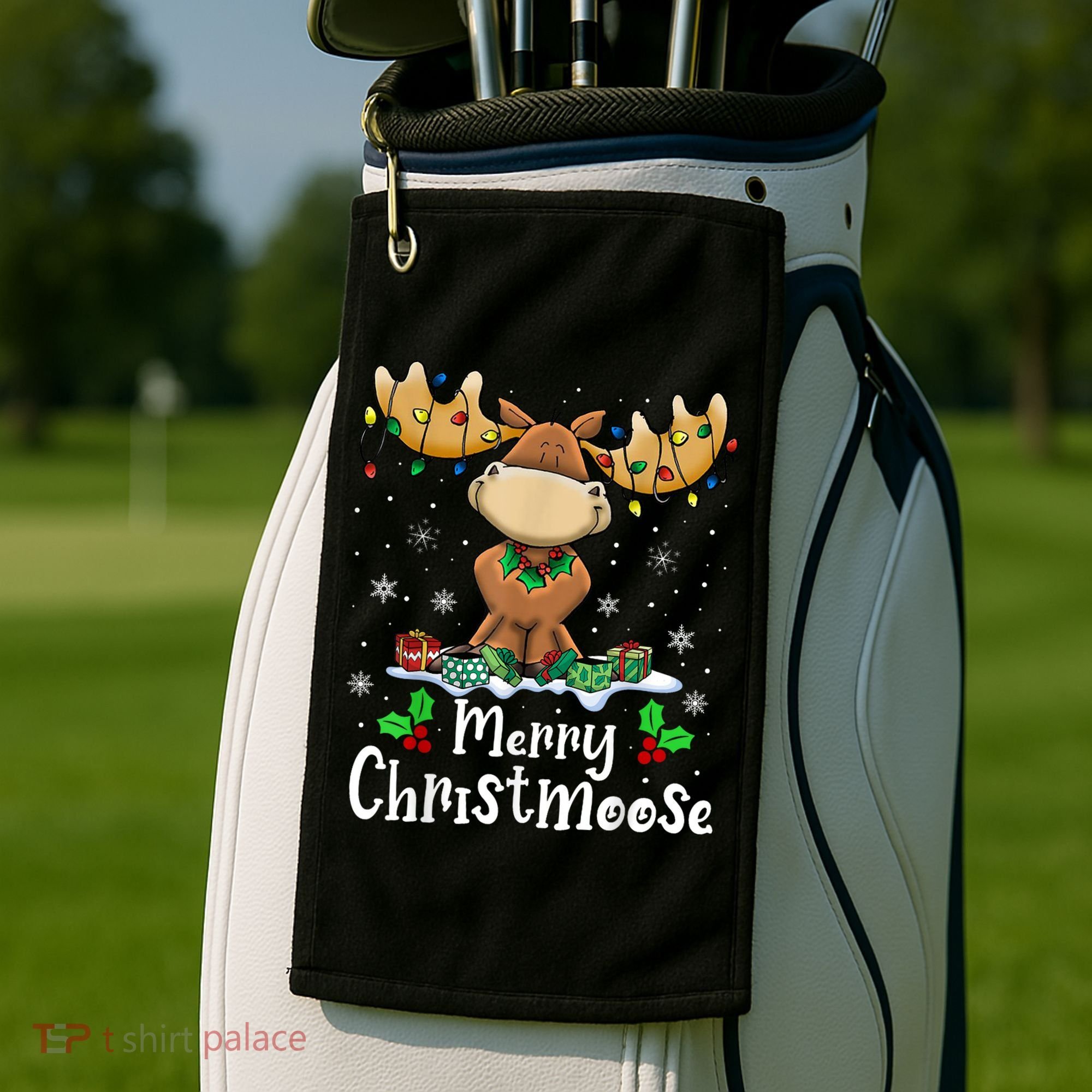 Merry Christmoose Christmas Moose Xmas Lights Golf Towel