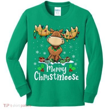 Merry Christmoose Christmas Moose Xmas Lights Kids Long Sleeve Shirt