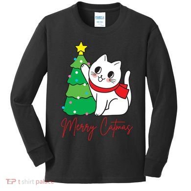 Merry Catmas Cute Christmas Cat Lover Kids Long Sleeve Shirt