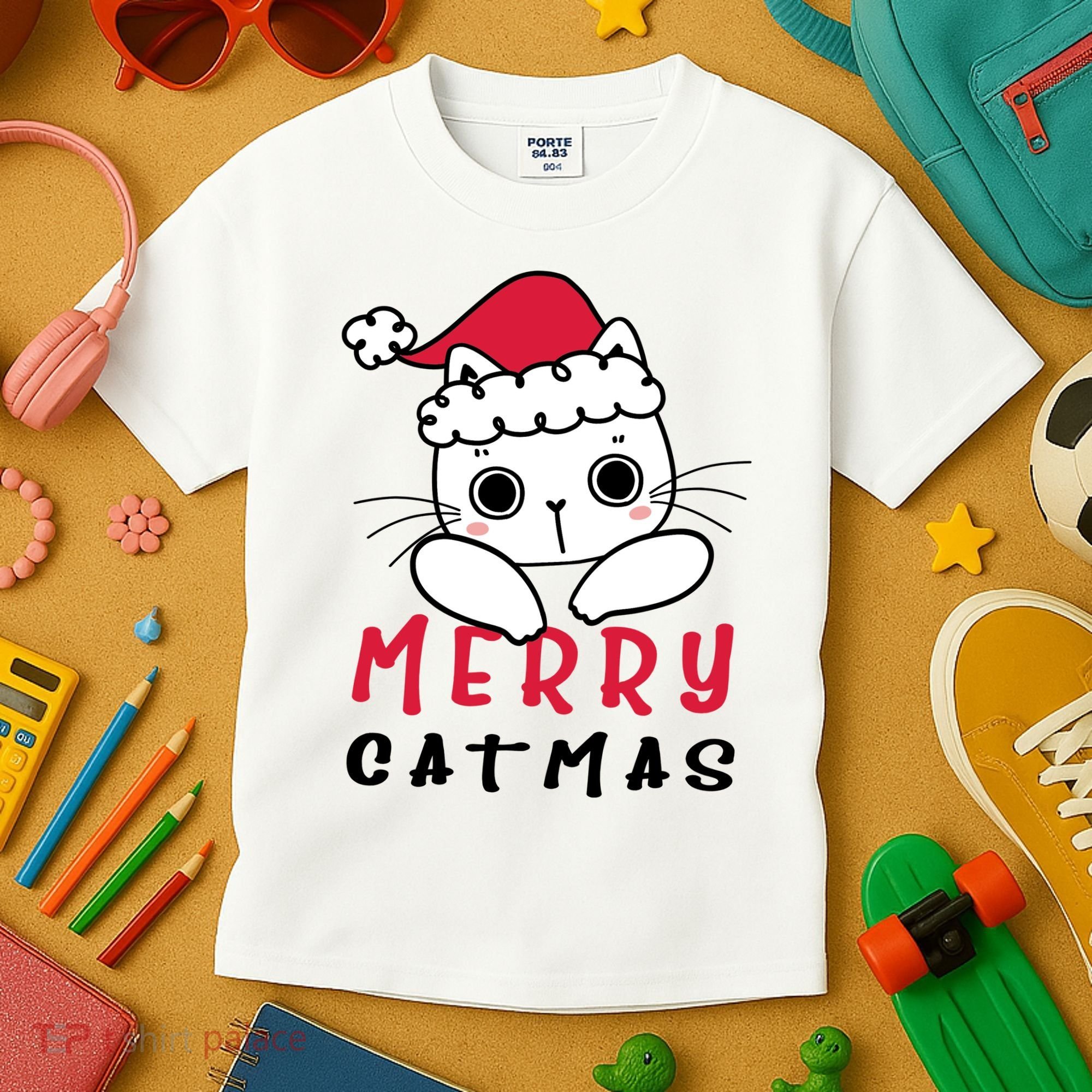 Merry Catrmas Cute Christmas Santa Kitty Xmas Kids T-Shirt