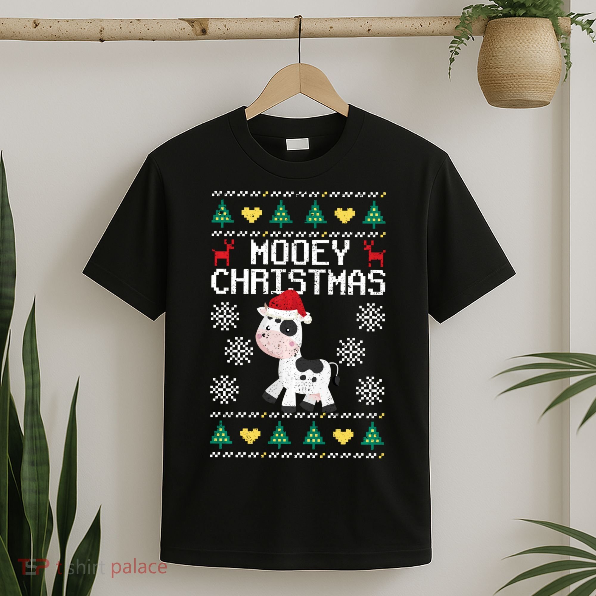 Mooey Christmas Cow Santa Claus Hat Xmas Farmer Animal T-Shirt