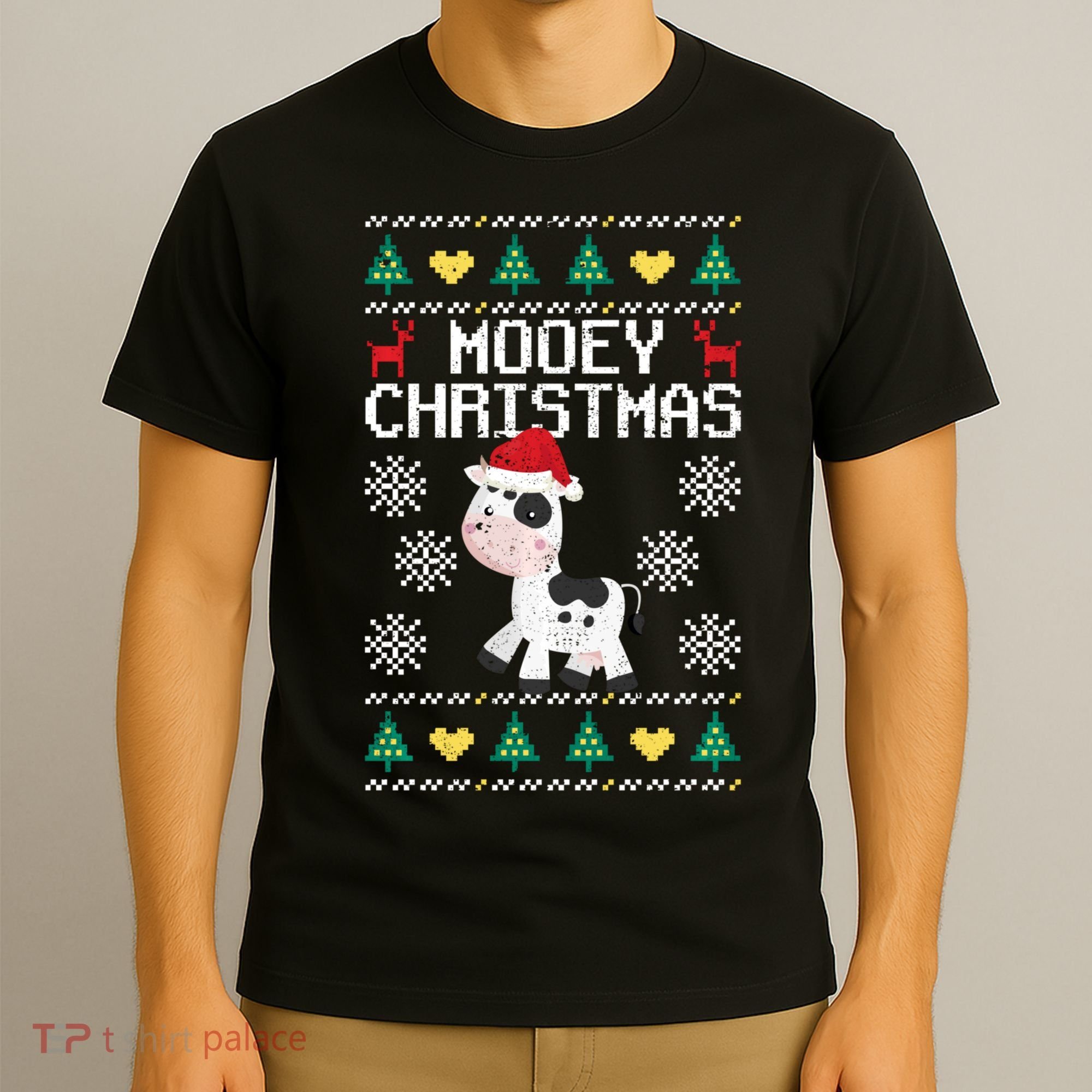 Mooey Christmas Cow Santa Claus Hat Xmas Farmer Animal T-Shirt