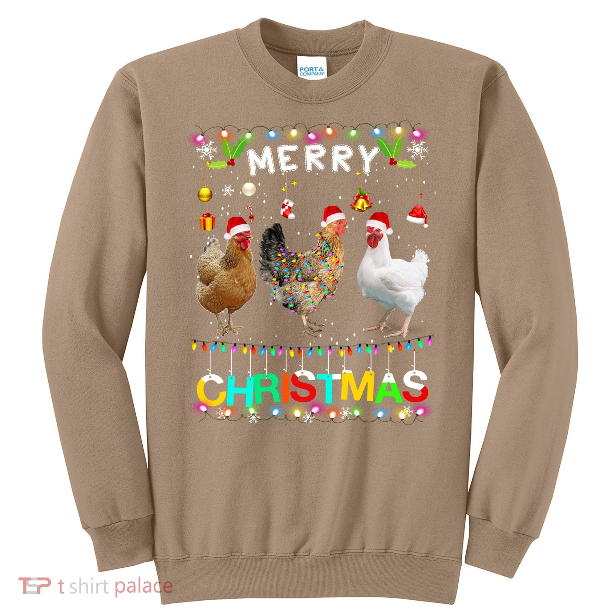 Merry Christmas Chicken Santa Hat Lights Xmas Funny Long Sleeve T Sweatshirt