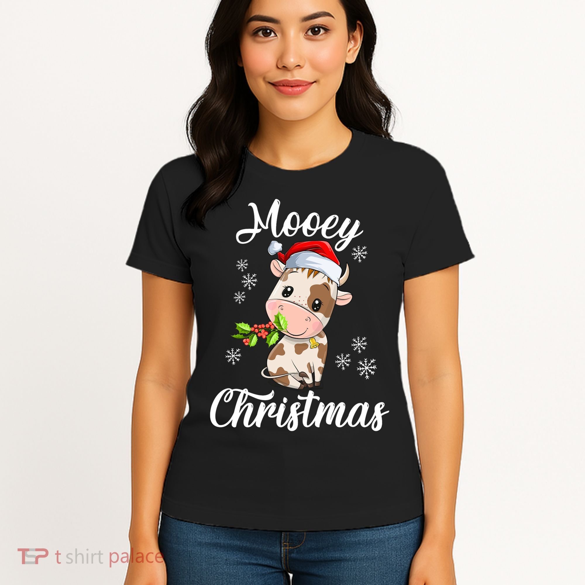 Mooey Christmas Cow Christmas Cute Cow Santa Hat Farmer Women's T-Shirt