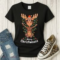 Merry Christmoose Christmas Moose Xmas Tree Lights Gifts Women's T-Shirt thumb 3