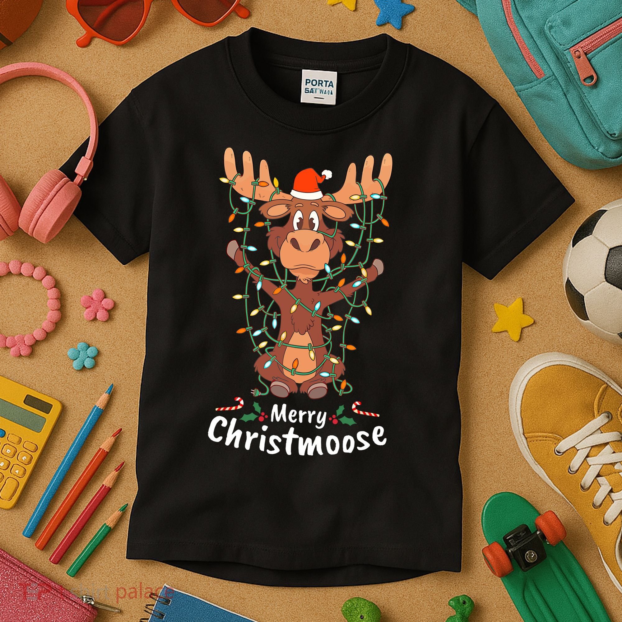 Merry Christmoose Christmas Moose Xmas Tree Lights Gifts Kids T-Shirt