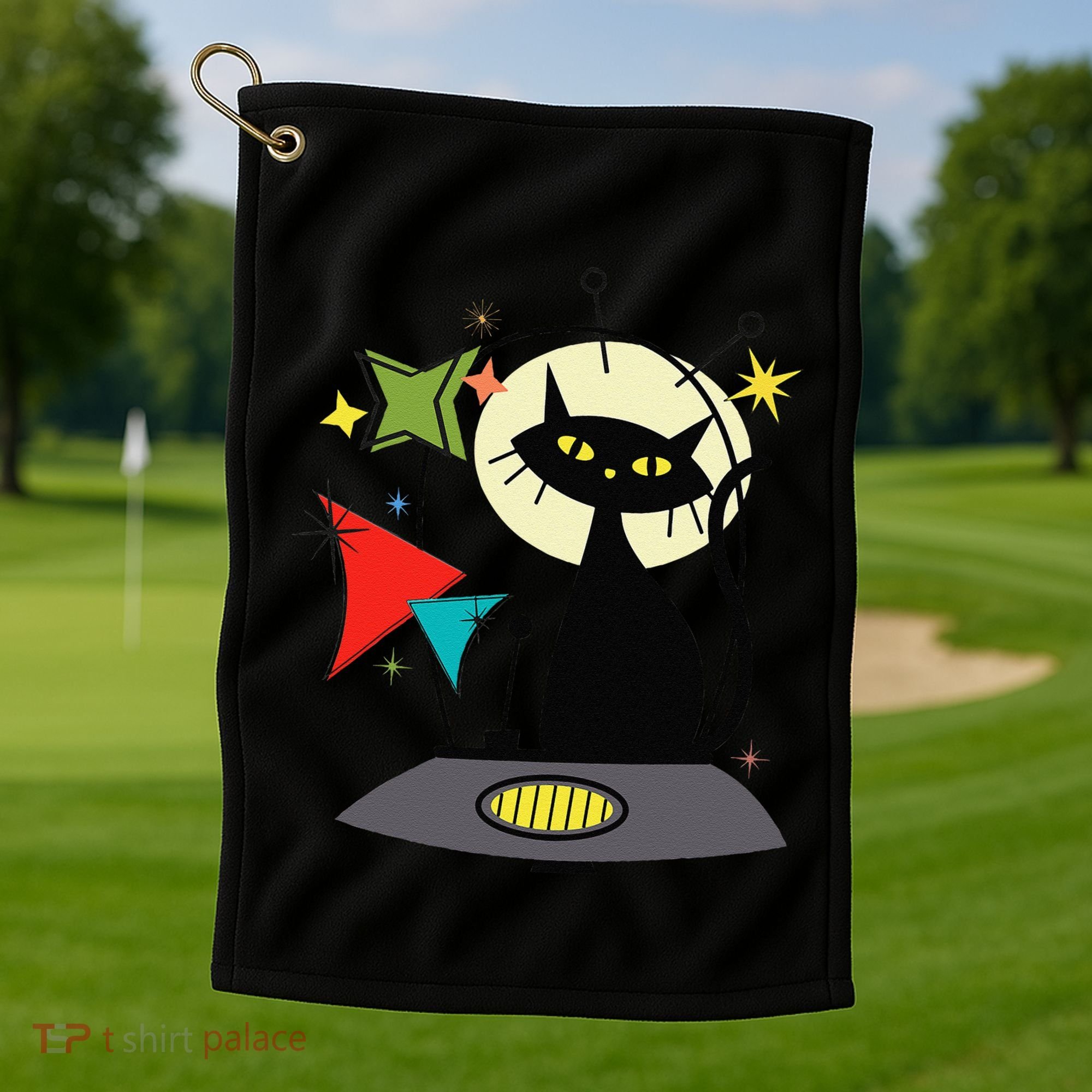 Mid Century Cat Retro Atomic Age Space Modern 50s 60s Golf Towel