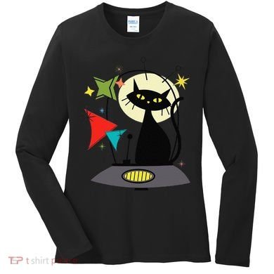 Mid Century Cat Retro Atomic Age Space Modern 50s 60s Women's Long Sleeve Shirt