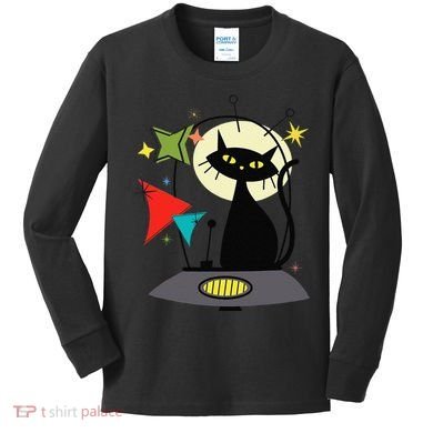 Mid Century Cat Retro Atomic Age Space Modern 50s 60s Kids Long Sleeve Shirt
