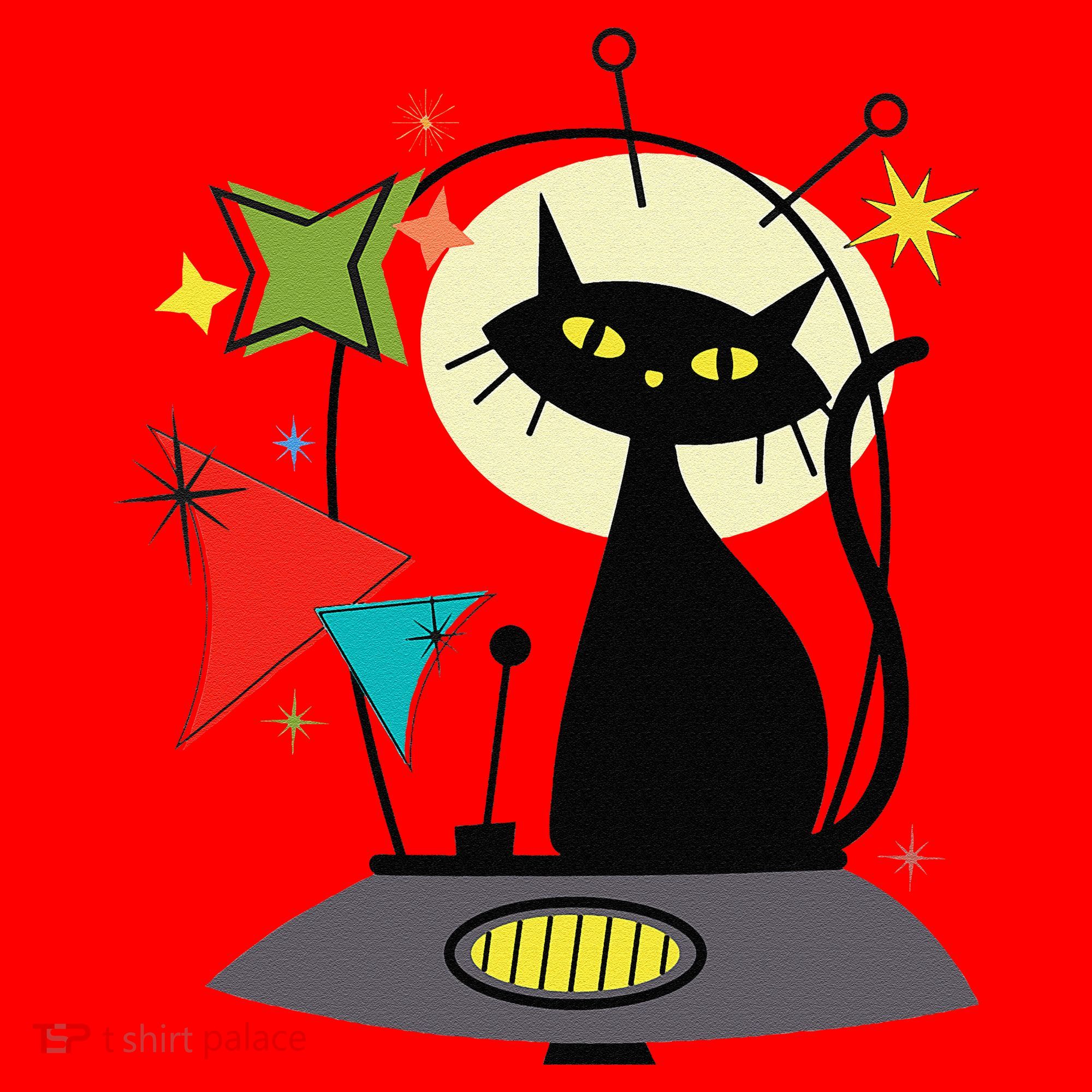 Mid Century Cat Retro Atomic Age Space Modern 50s 60s Santa Hat