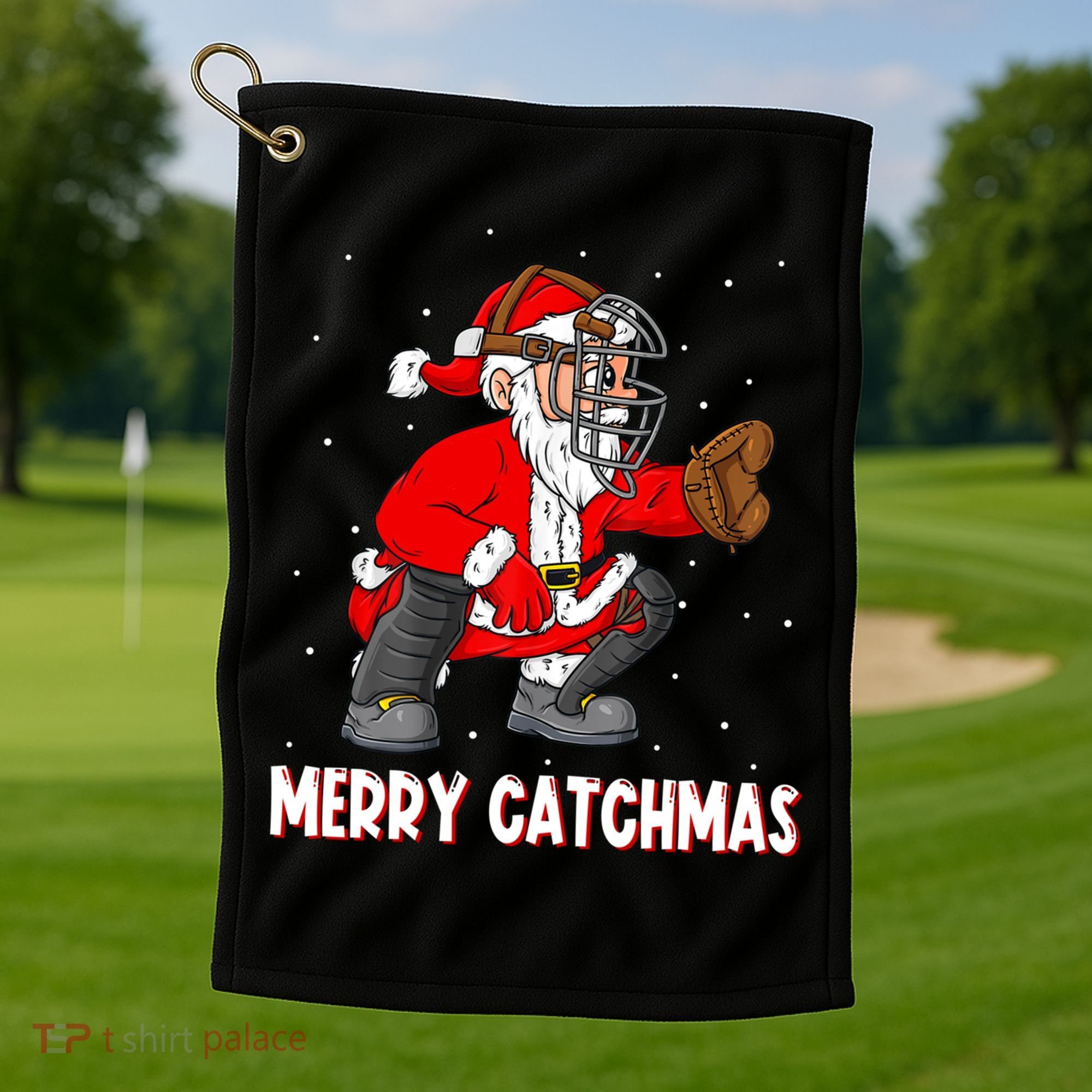 Merry Catchmas Christmas Santa Claus Baseball Catcher Xmas Gift Golf Towel