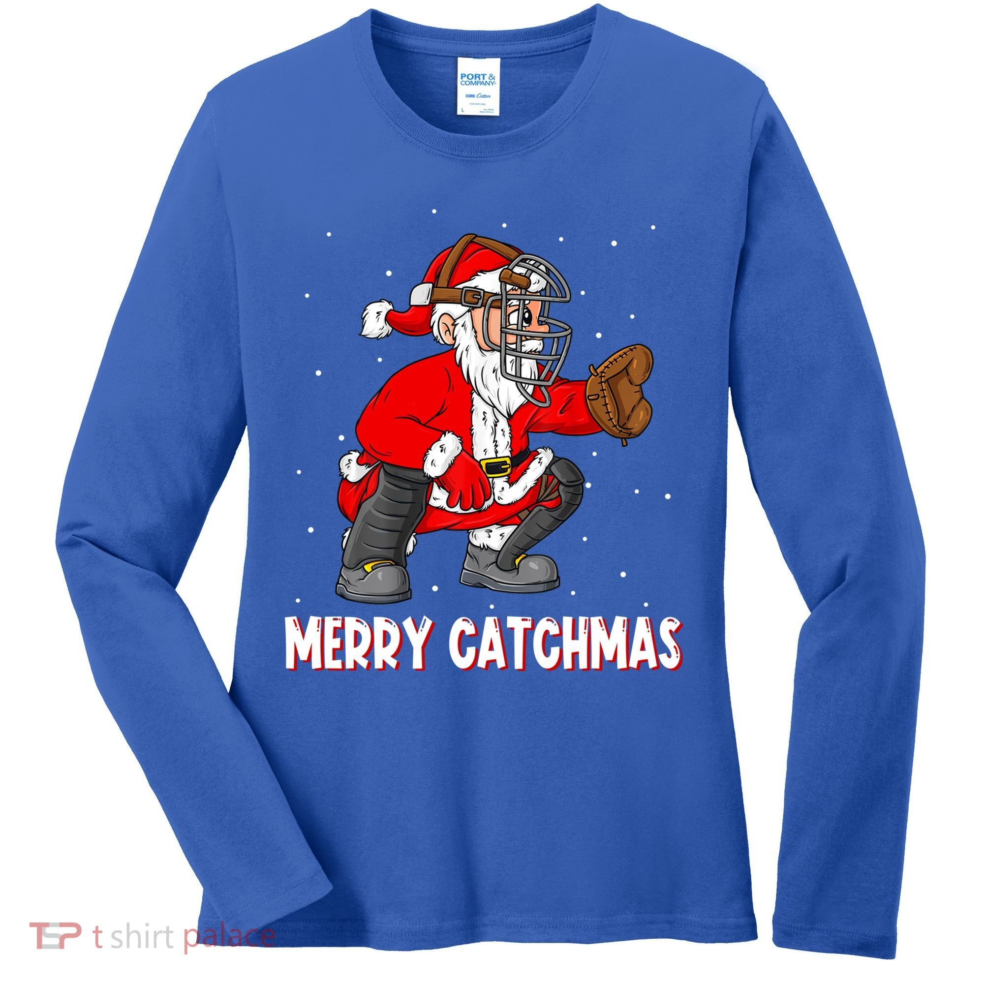 Merry Catchmas Christmas Santa Claus Baseball Catcher Xmas Gift Women's Long Sleeve Shirt
