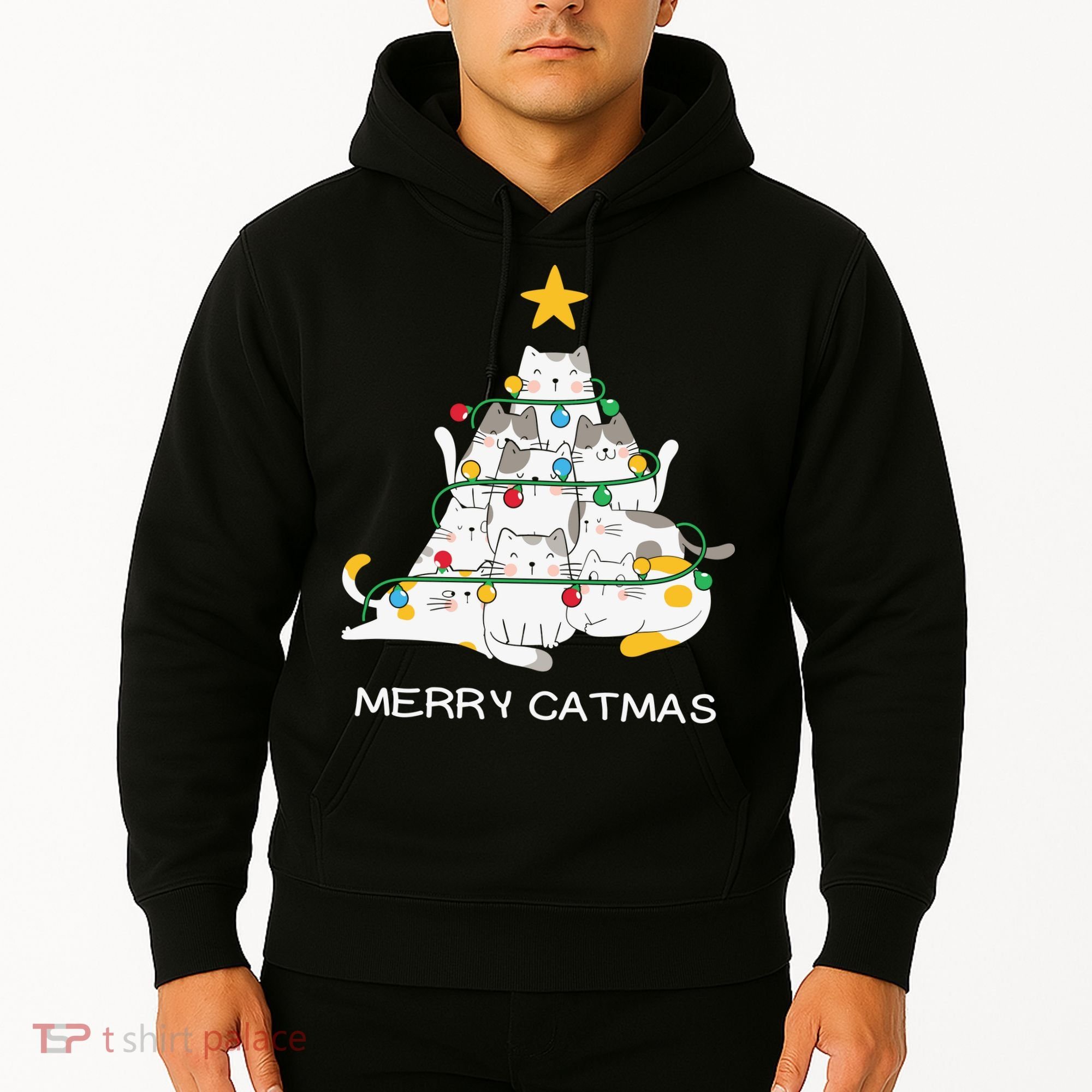 Merry Catmas Cat Christmas Tree Lights Funny Xmas Hoodie