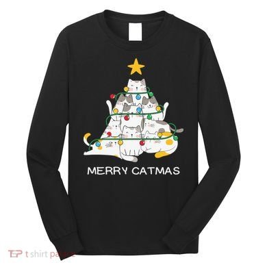 Merry Catmas Cat Christmas Tree Lights Funny Xmas Long Sleeve Shirt