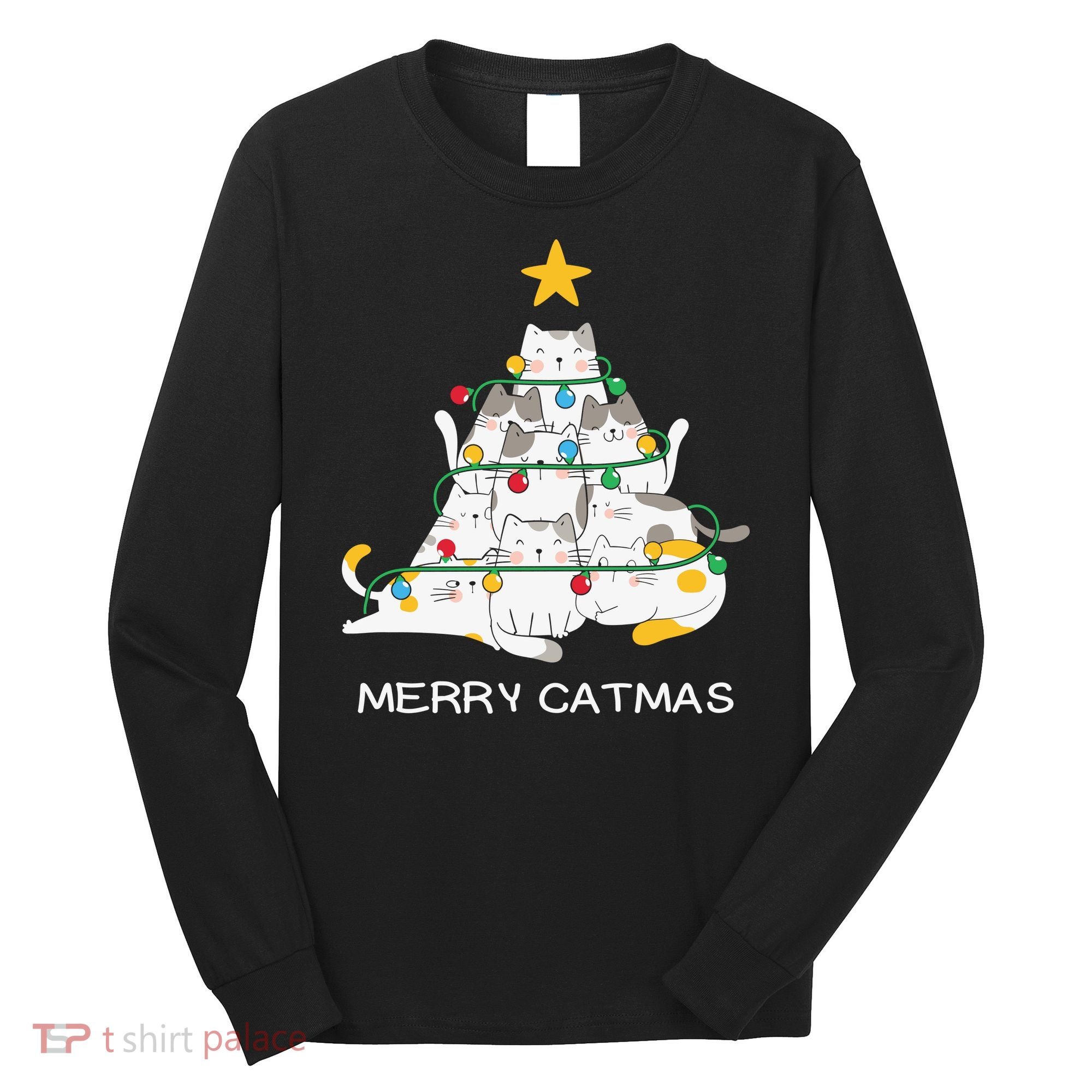 Merry Catmas Cat Christmas Tree Lights Funny Xmas Long Sleeve Shirt