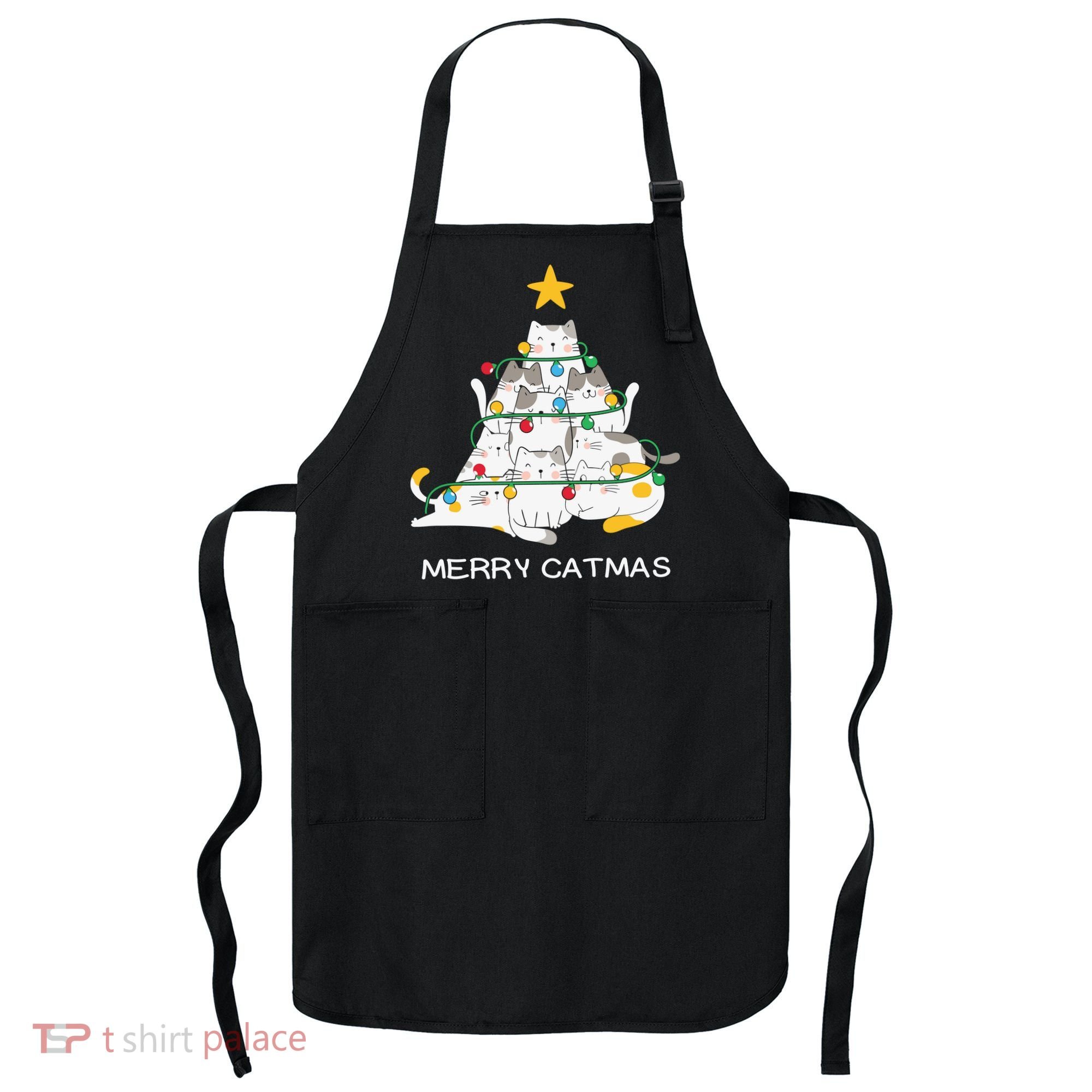 Merry Catmas Cat Christmas Tree Lights Funny Xmas Apron