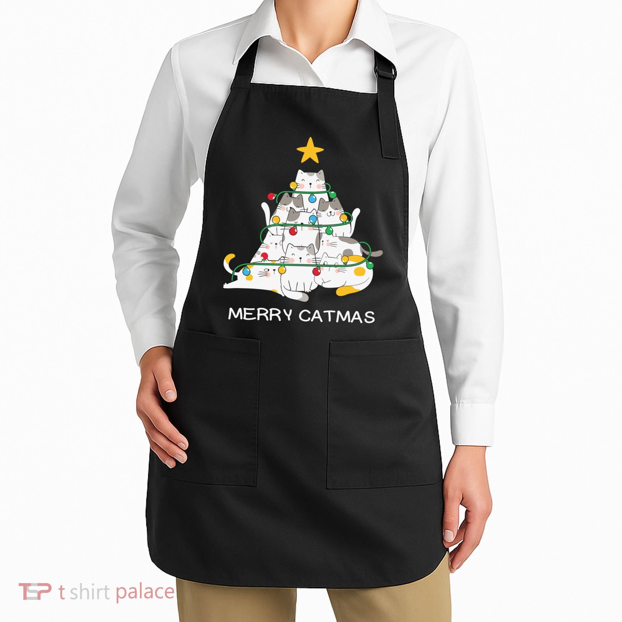 Merry Catmas Cat Christmas Tree Lights Funny Xmas Apron