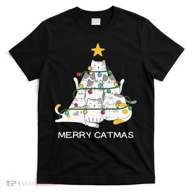 Merry Catmas Cat Christmas Tree Lights Funny Xmas T-Shirt