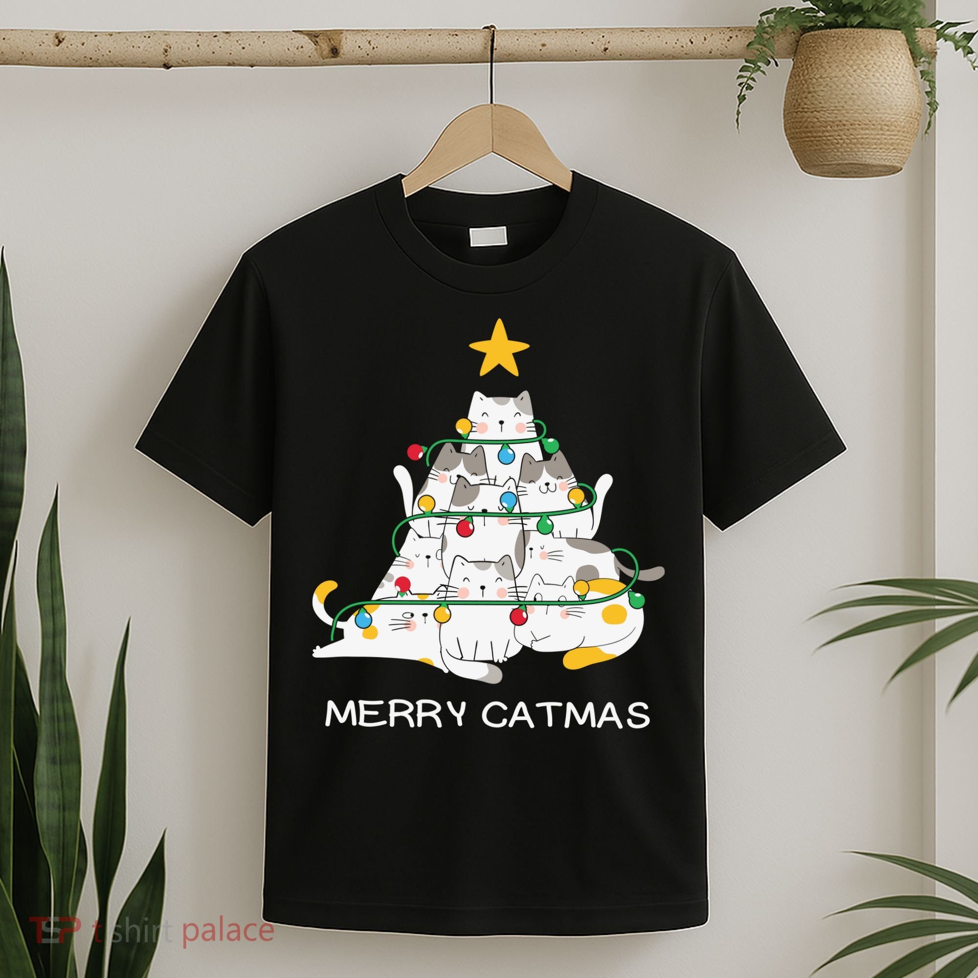 Merry Catmas Cat Christmas Tree Lights Funny Xmas T-Shirt