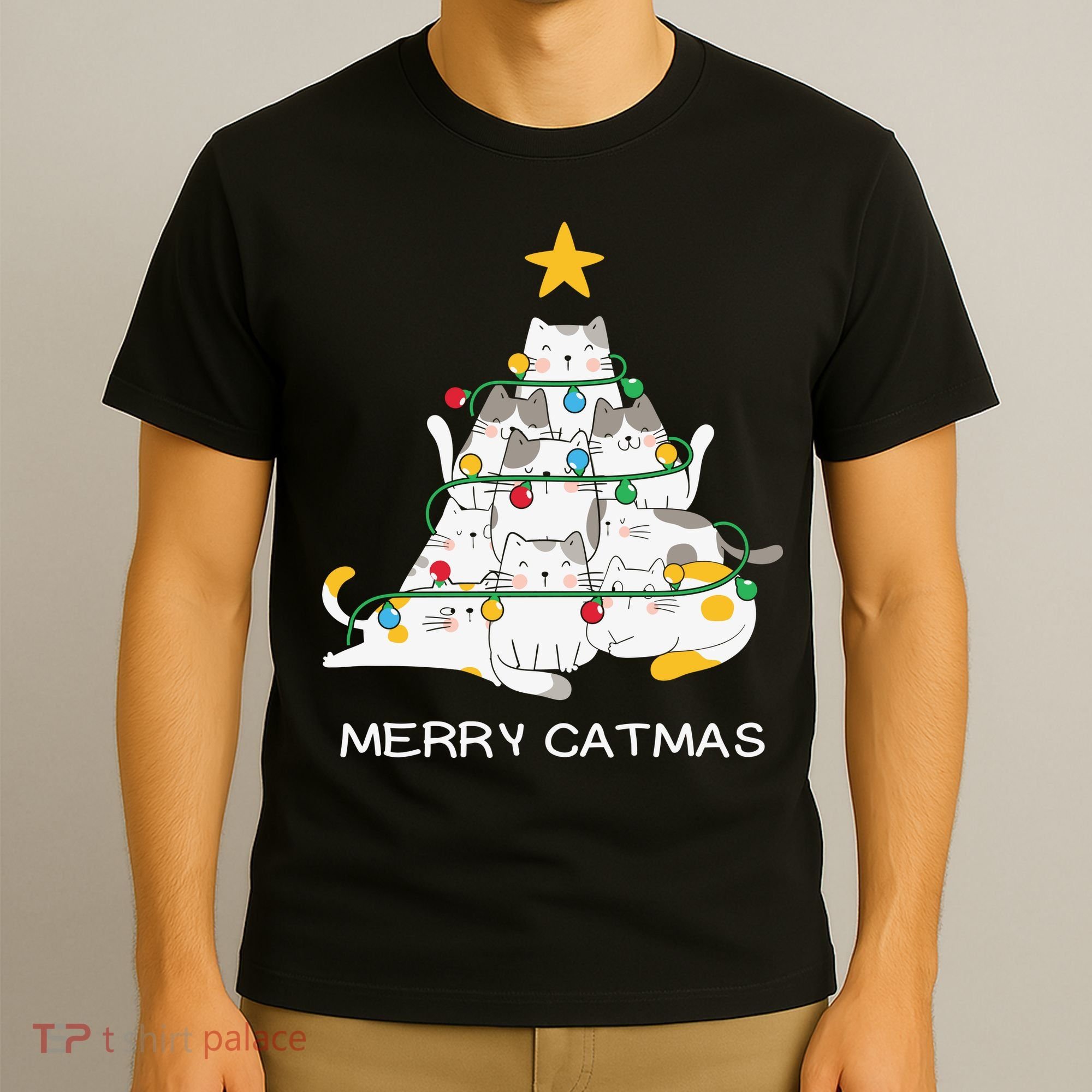 Merry Catmas Cat Christmas Tree Lights Funny Xmas T-Shirt