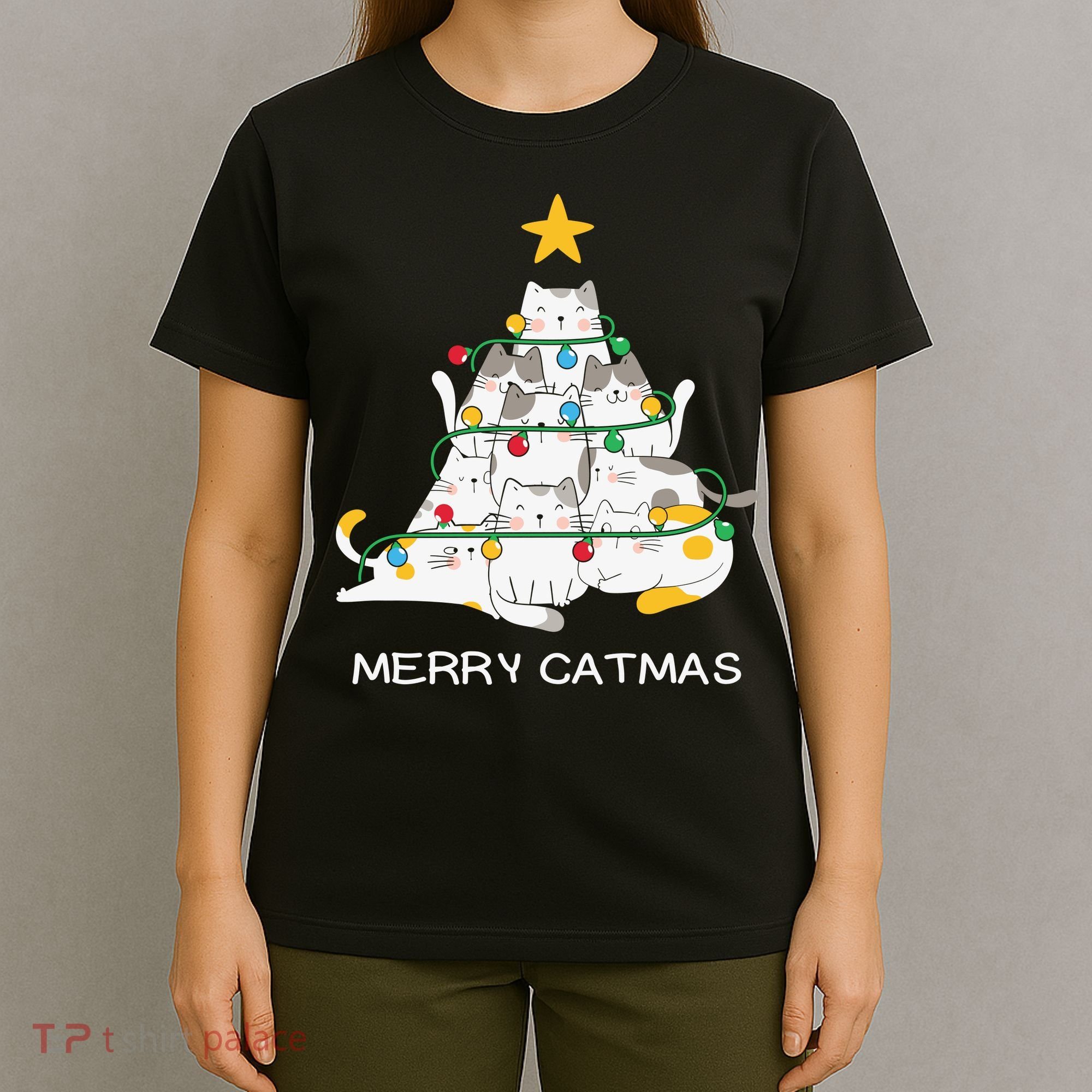 Merry Catmas Cat Christmas Tree Lights Funny Xmas T-Shirt