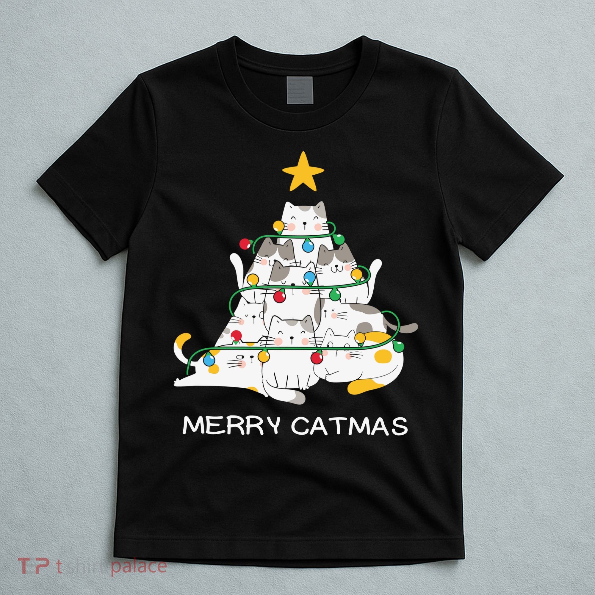 Merry Catmas Cat Christmas Tree Lights Funny Xmas T-Shirt
