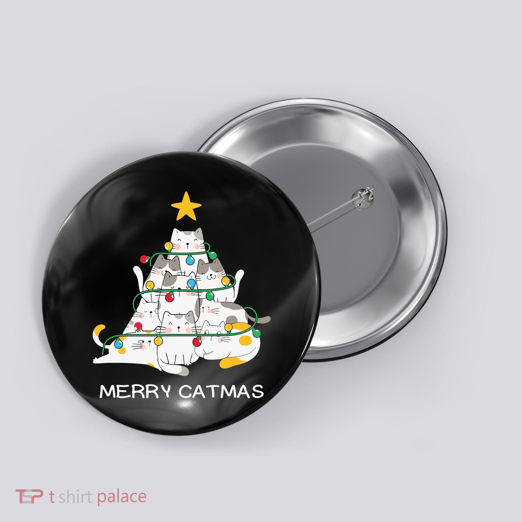 Merry Catmas Cat Christmas Tree Lights Funny Xmas Button