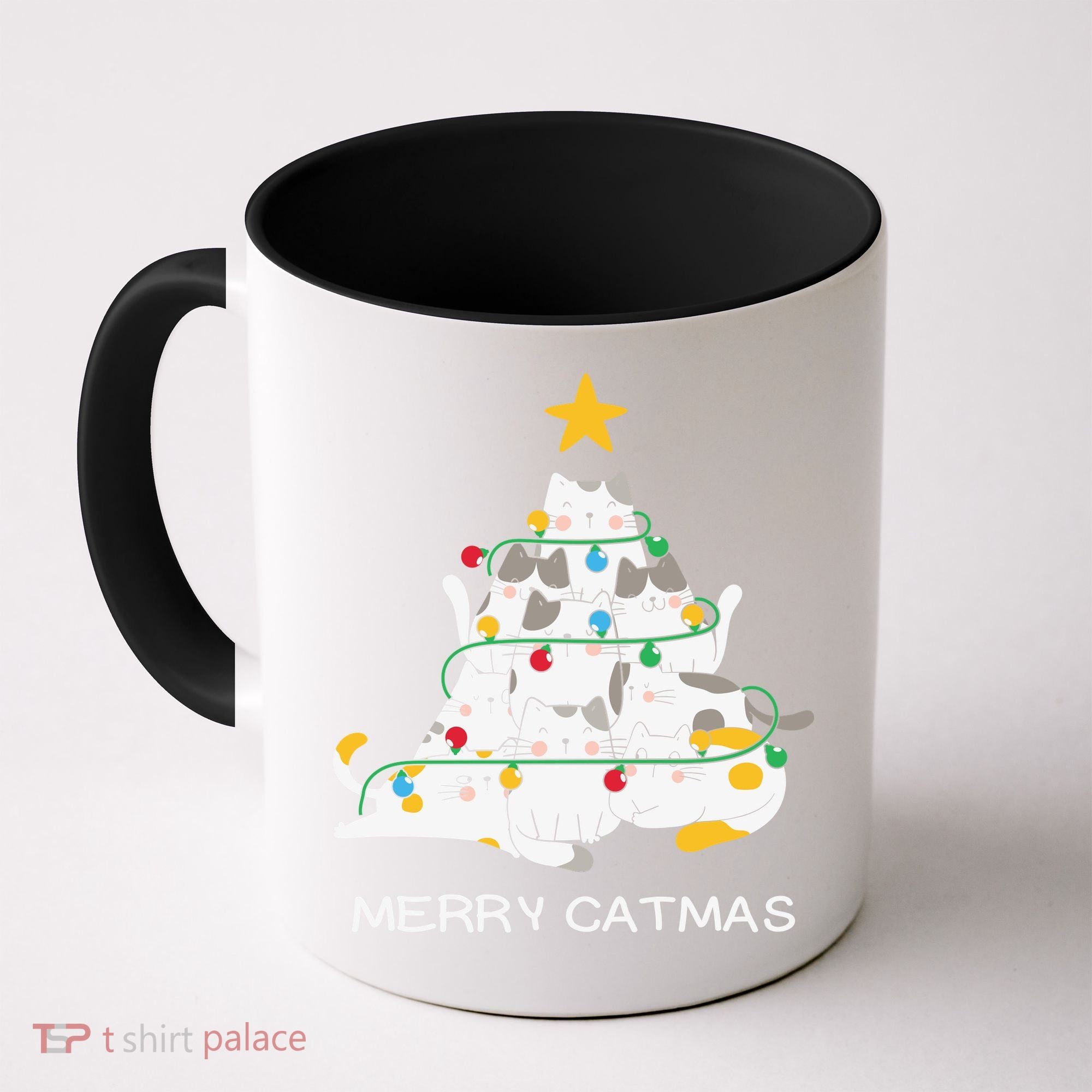 Merry Catmas Cat Christmas Tree Lights Funny Xmas Coffee Mug