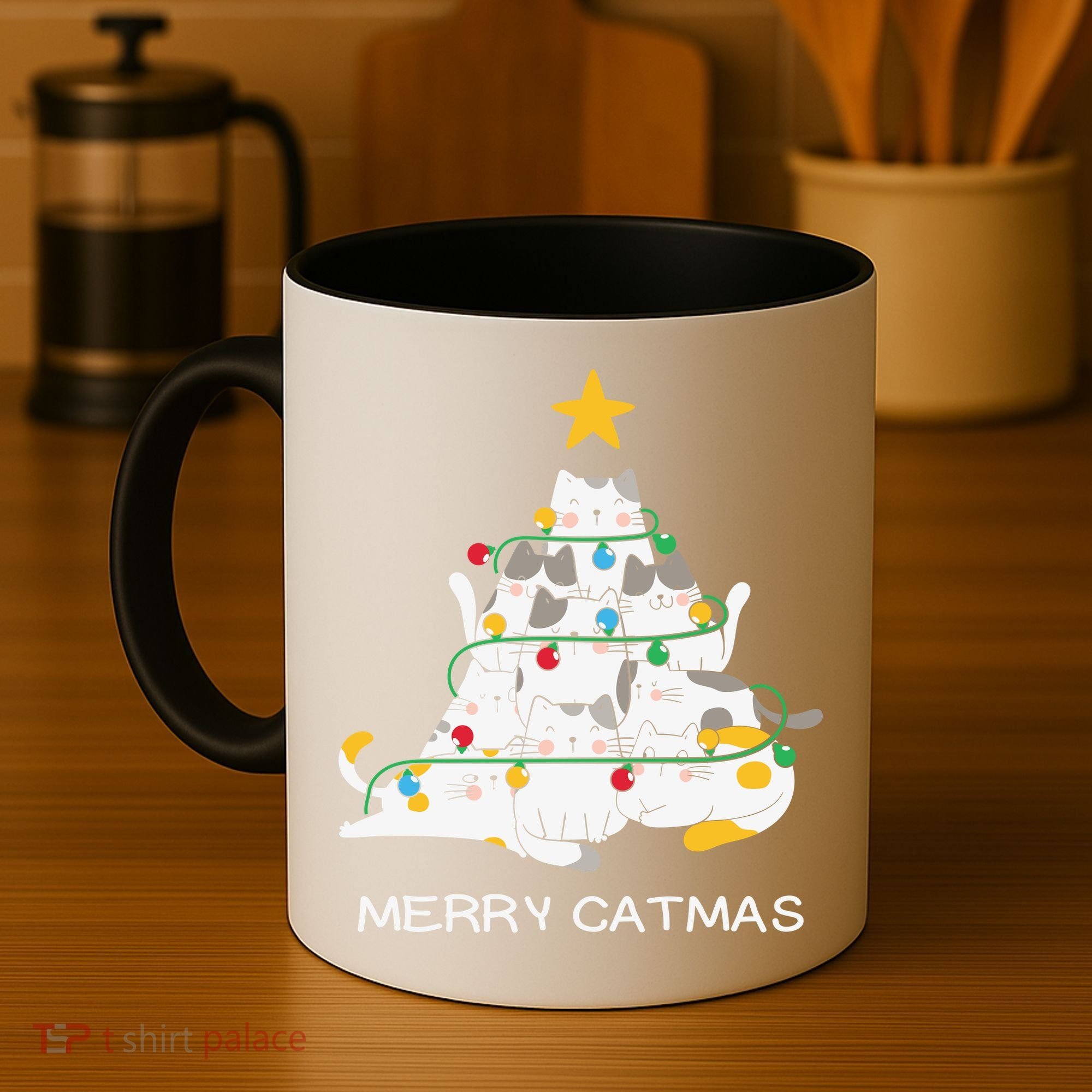 Merry Catmas Cat Christmas Tree Lights Funny Xmas Coffee Mug