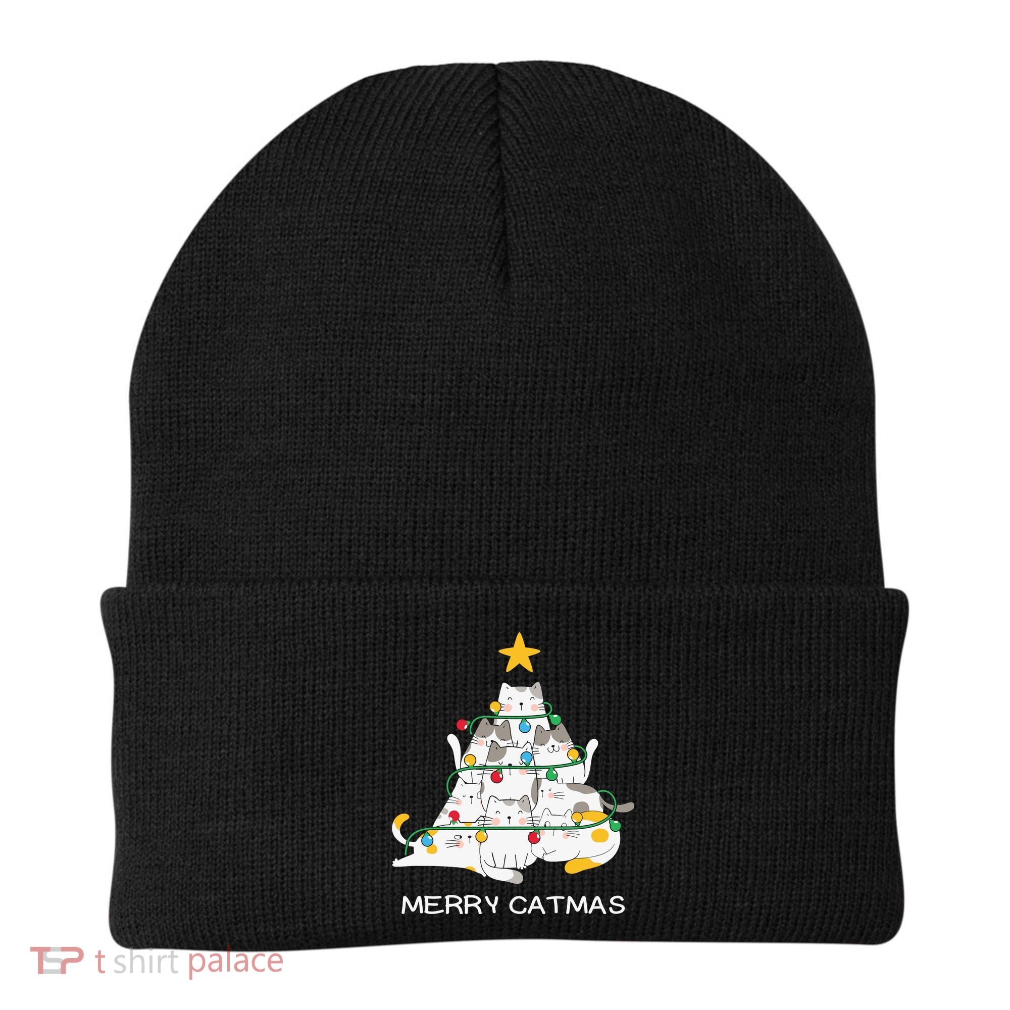 Merry Catmas Cat Christmas Tree Lights Funny Xmas Beanie