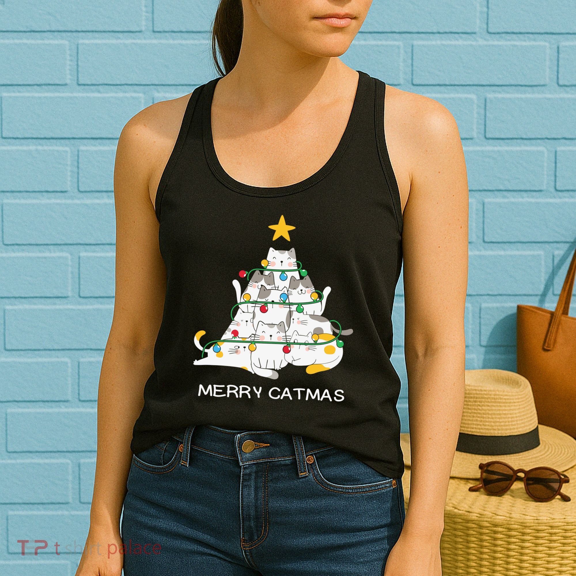 Merry Catmas Cat Christmas Tree Lights Funny Xmas Women's Tank Top