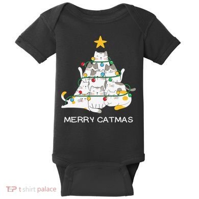 Merry Catmas Cat Christmas Tree Lights Funny Xmas Baby Bodysuit