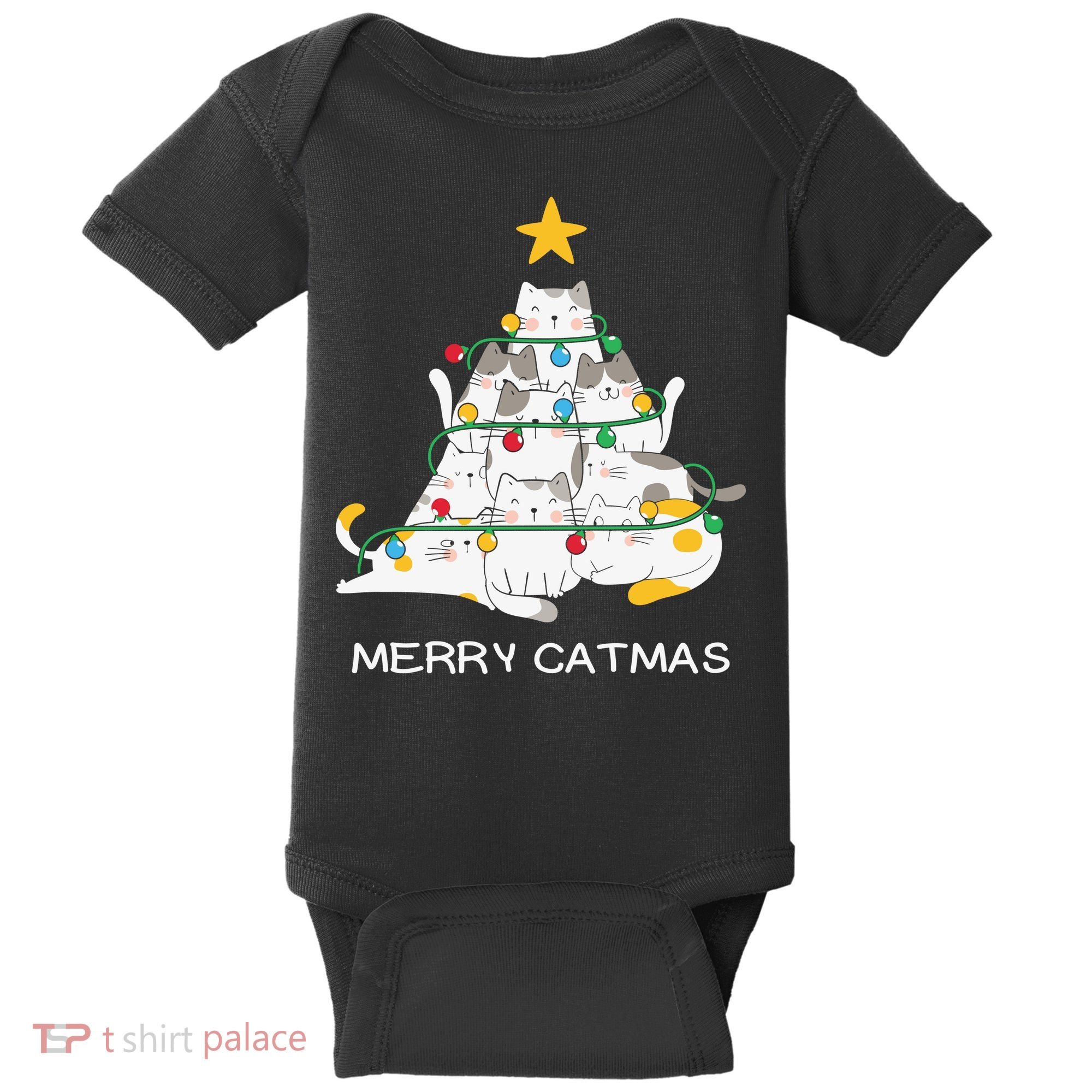 Merry Catmas Cat Christmas Tree Lights Funny Xmas Baby Bodysuit