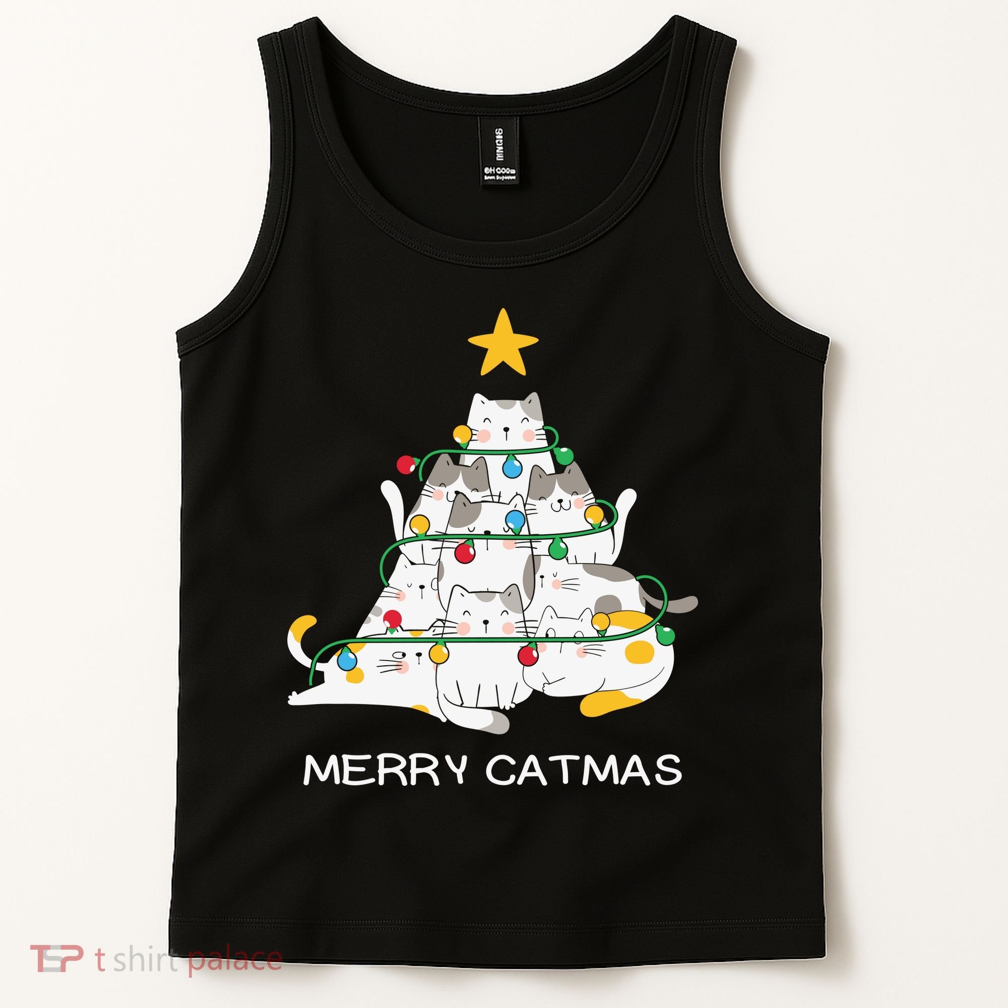 Merry Catmas Cat Christmas Tree Lights Funny Xmas Tank Top
