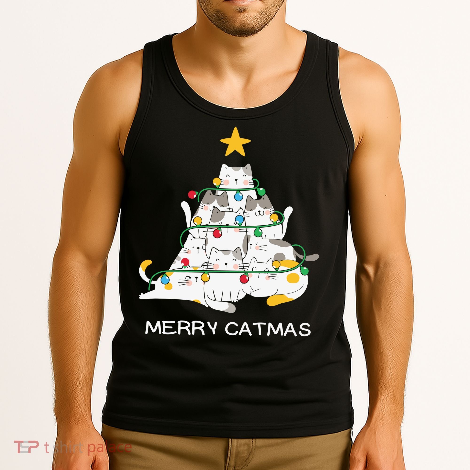Merry Catmas Cat Christmas Tree Lights Funny Xmas Tank Top
