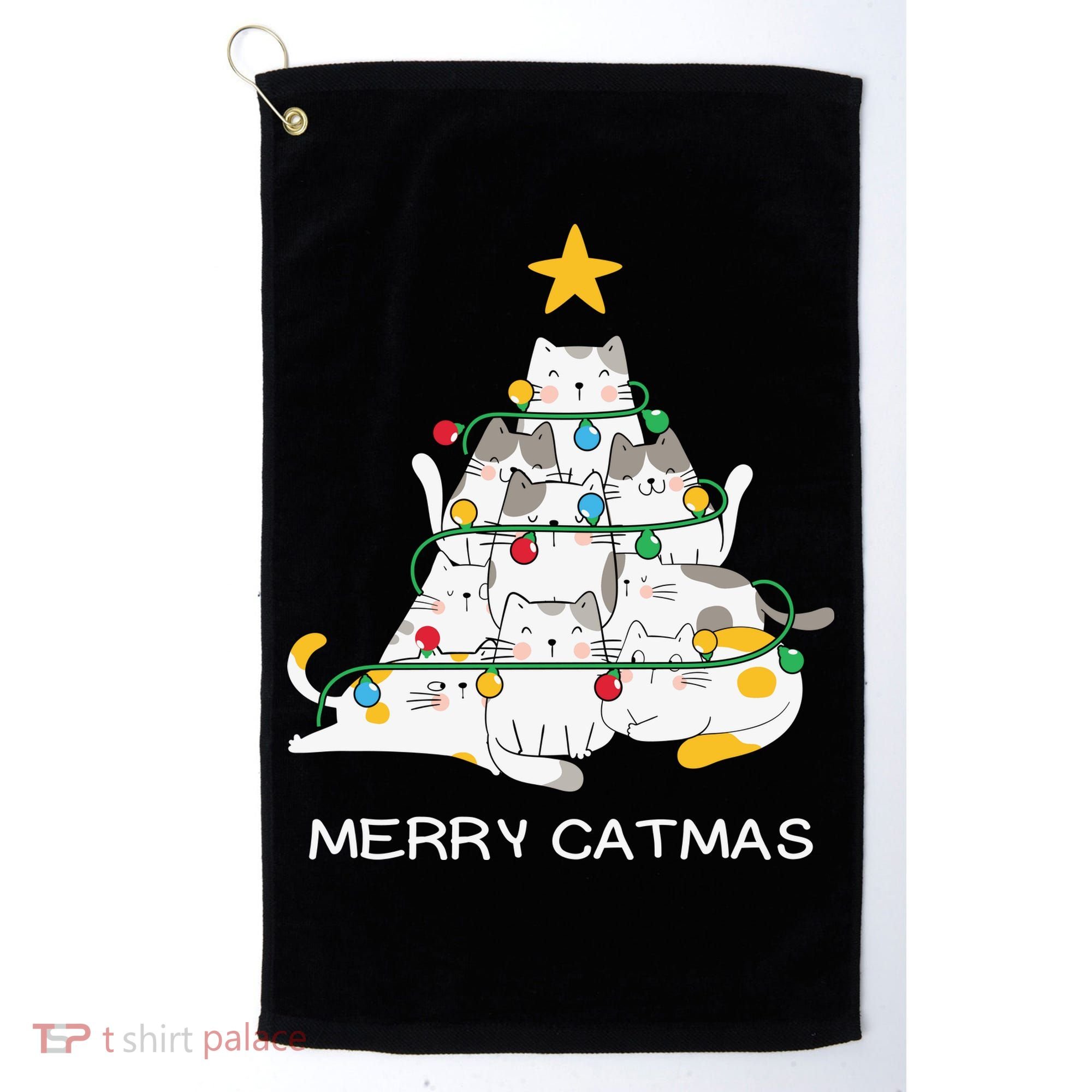 Merry Catmas Cat Christmas Tree Lights Funny Xmas Golf Towel