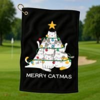 Merry Catmas Cat Christmas Tree Lights Funny Xmas Golf Towel thumb 1