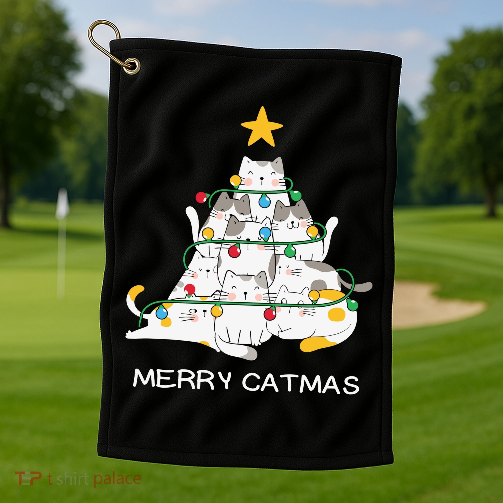 Merry Catmas Cat Christmas Tree Lights Funny Xmas Golf Towel