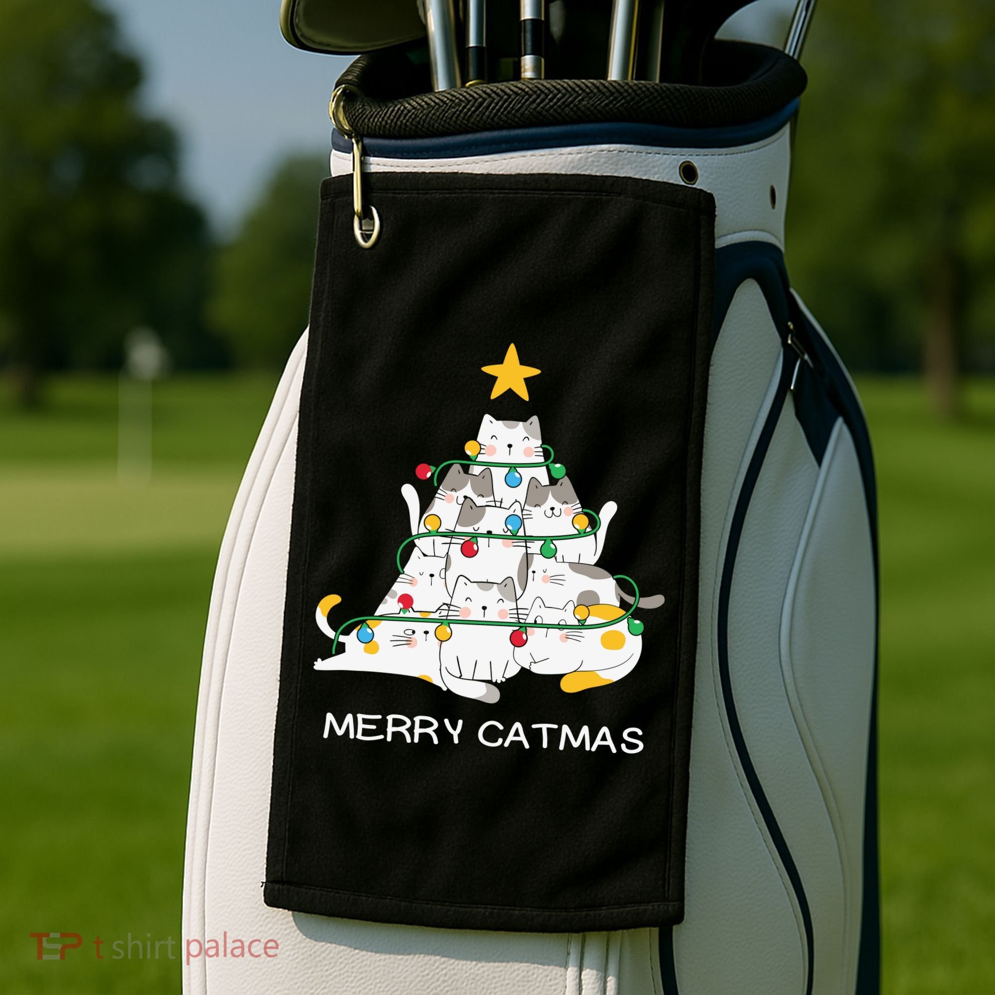Merry Catmas Cat Christmas Tree Lights Funny Xmas Golf Towel