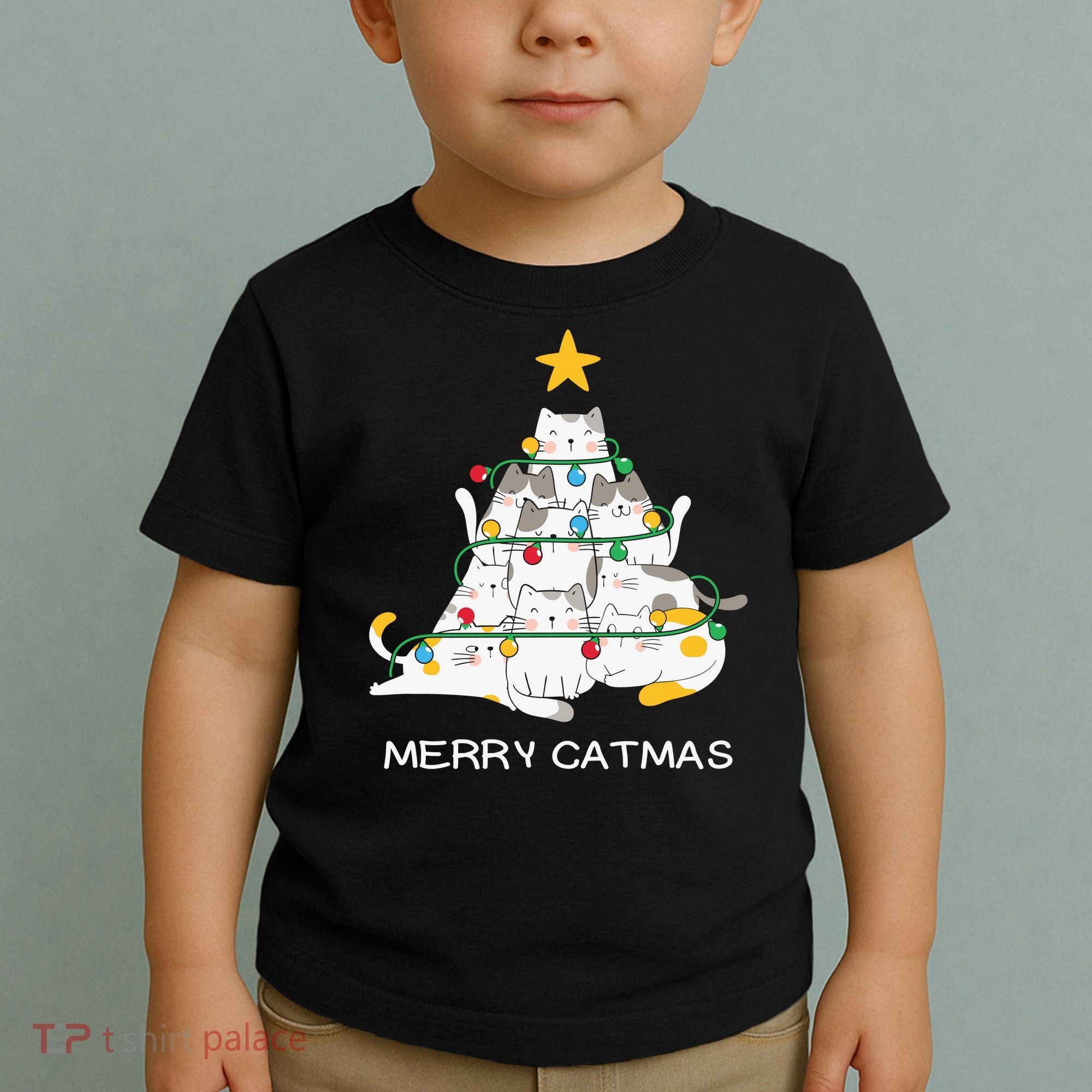 Merry Catmas Cat Christmas Tree Lights Funny Xmas Toddler T-Shirt