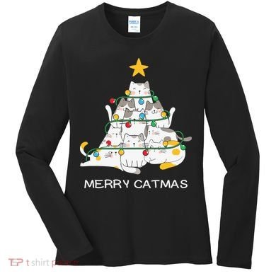 Merry Catmas Cat Christmas Tree Lights Funny Xmas Women's Long Sleeve Shirt