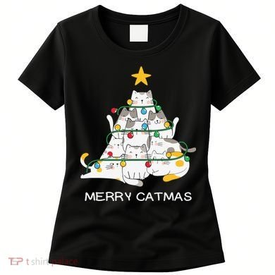 Merry Catmas Cat Christmas Tree Lights Funny Xmas Women's T-Shirt