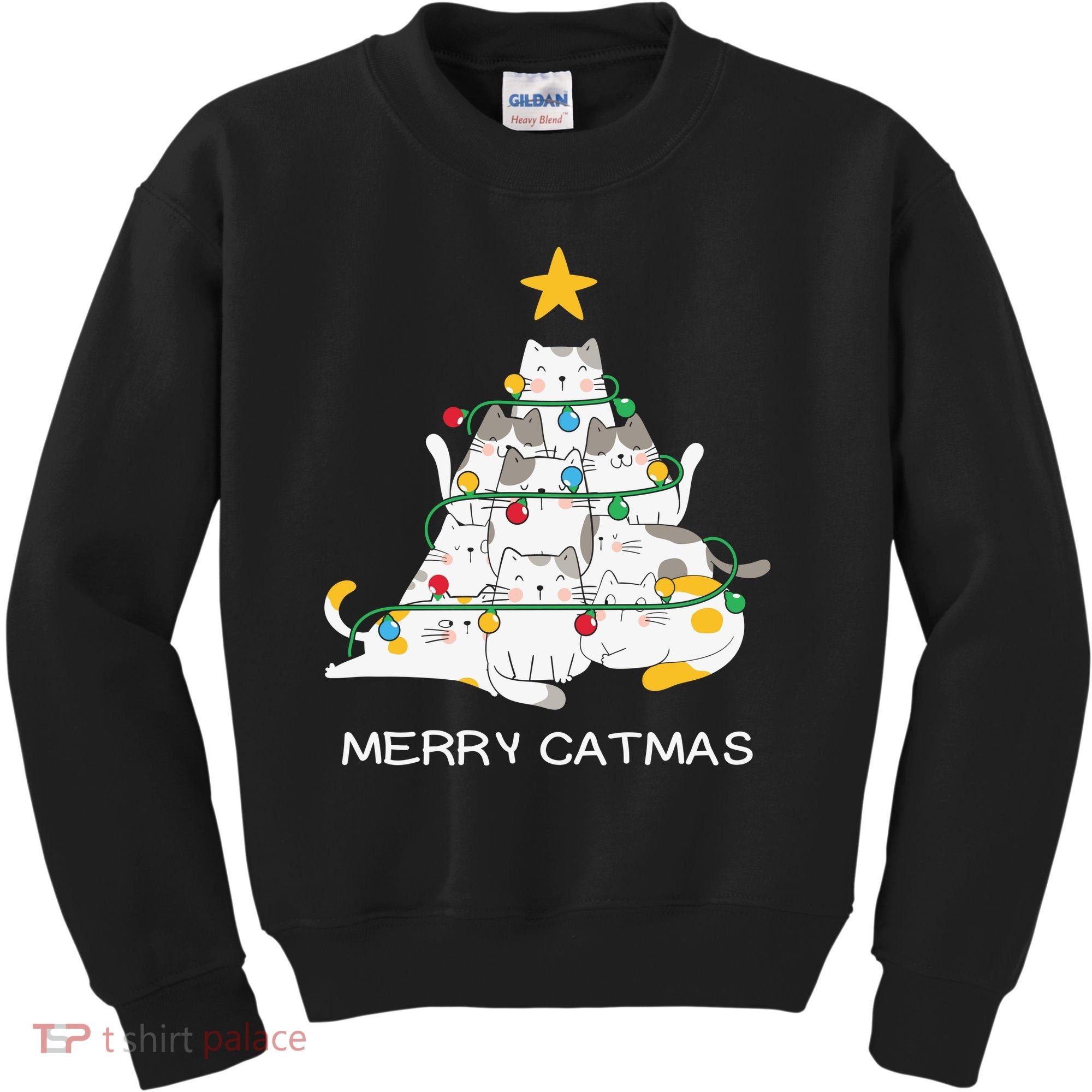 Merry Catmas Cat Christmas Tree Lights Funny Xmas Kids Sweatshirt