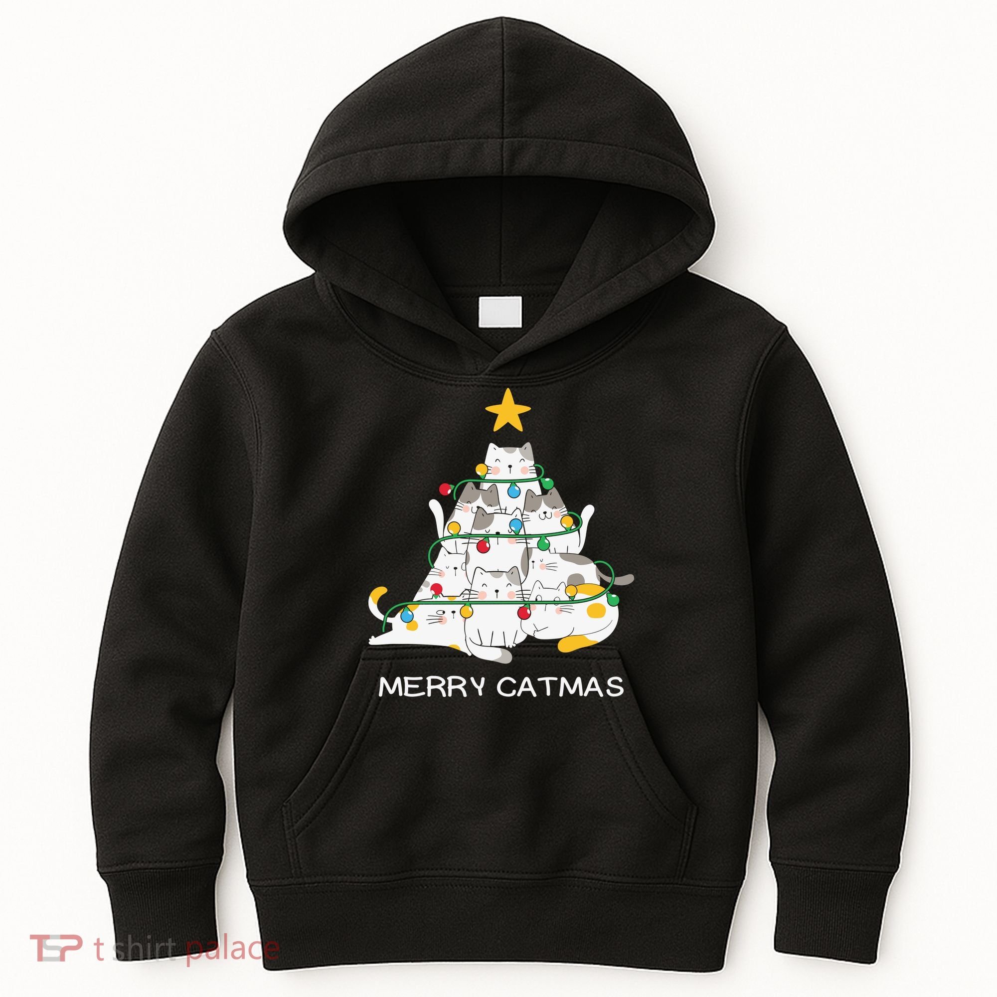 Merry Catmas Cat Christmas Tree Lights Funny Xmas Kids Hoodie